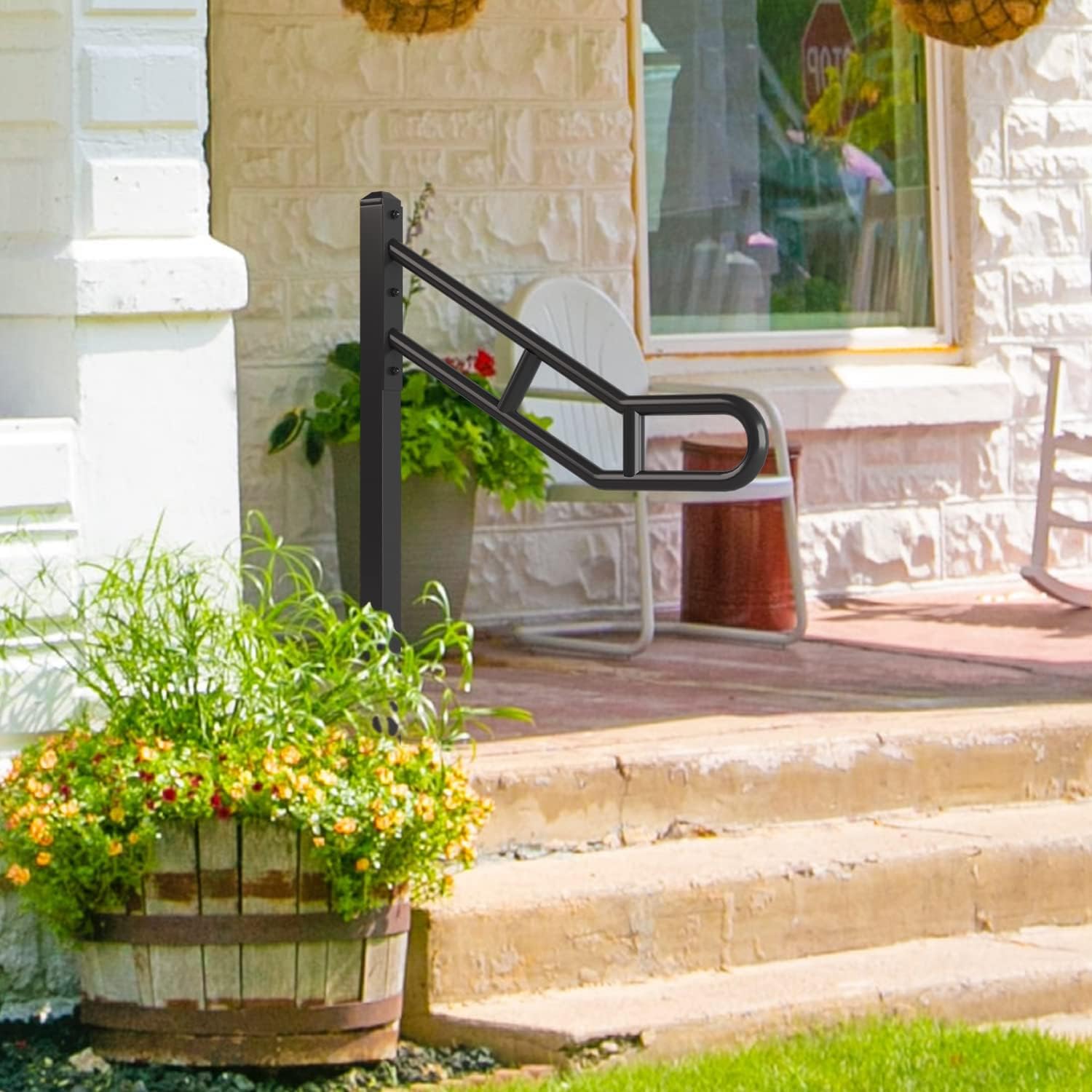 Single Post Handrail for Outdoor 1-3 Steps, Metal Hand Rails for Outdoor Steps, Floor Mounted Wrought Iron Stair Railing, U-Shaped Post Grab Rails with 2 Anti-Skid Crossbar for Garage, 32”L x 35.8" H