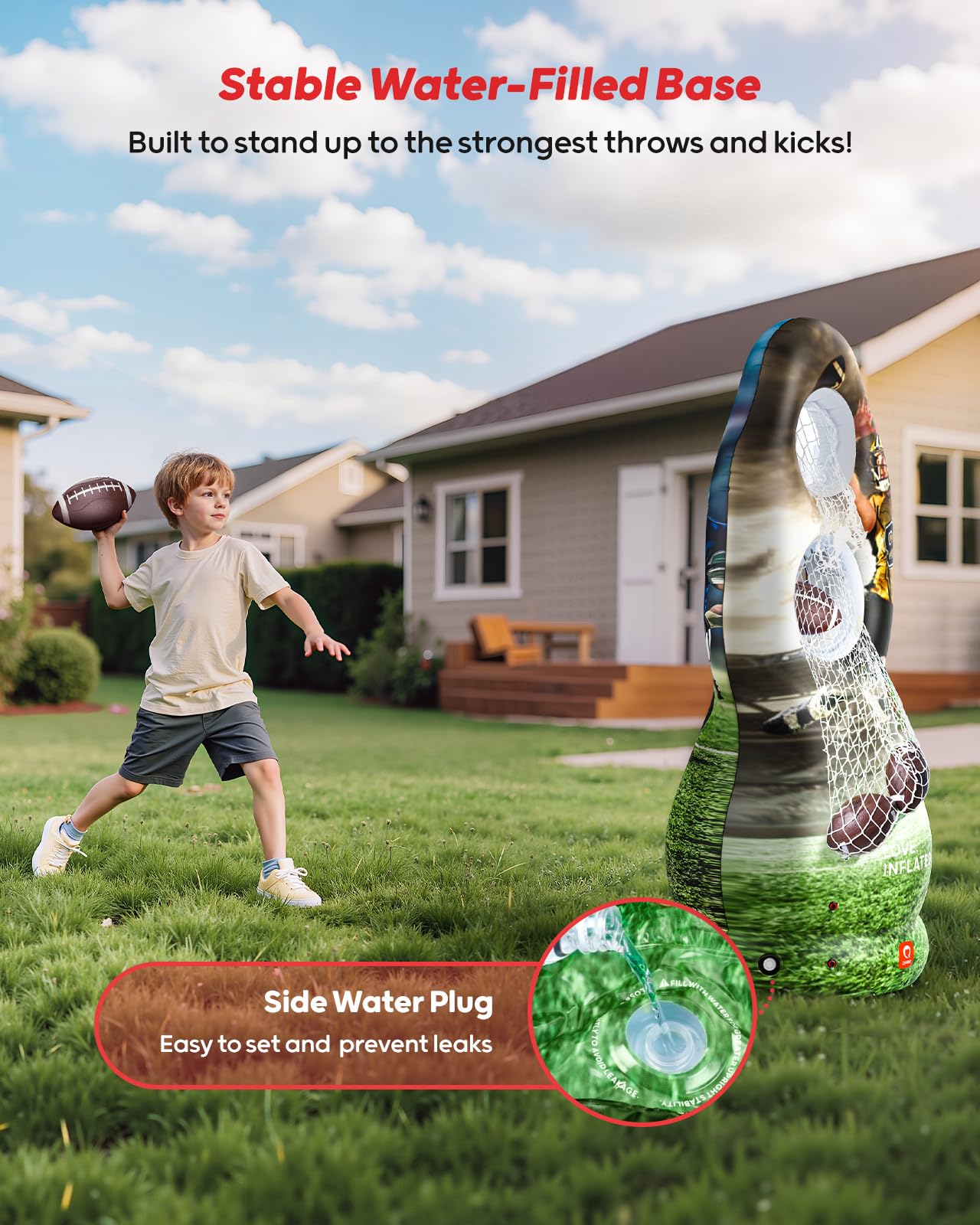 QPAU Dual-Hole Inflatable Football Target for Kids & Adults, Life-Size Backyard Toss Game with 4 Balls, Scoreboard & Pumps – Outdoor Toy for Boys Girls, Sports Training & Family Fun