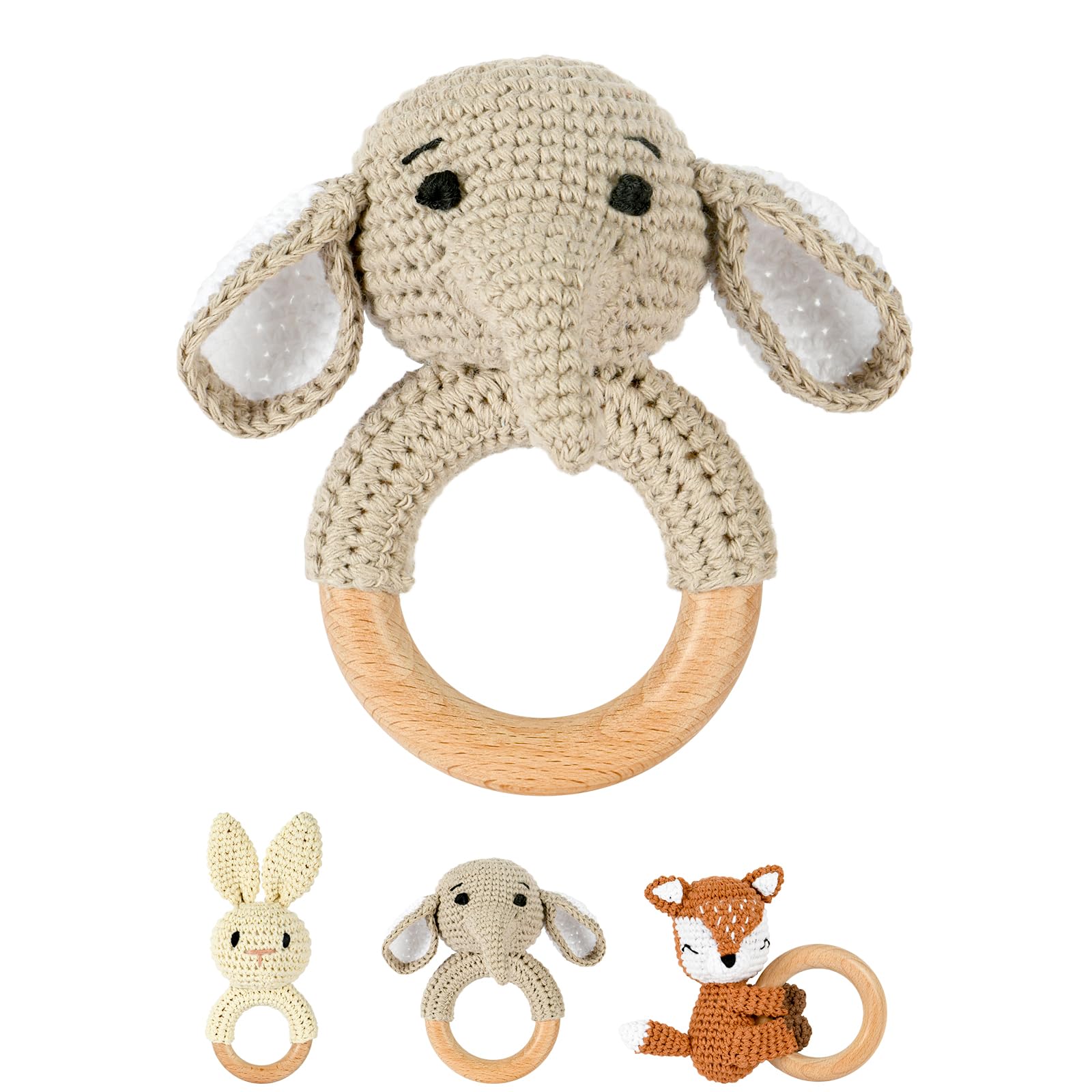 OFFCUP Baby Rattle, Wooden Crochet Animals Baby Soft Rattle Sensory Toys