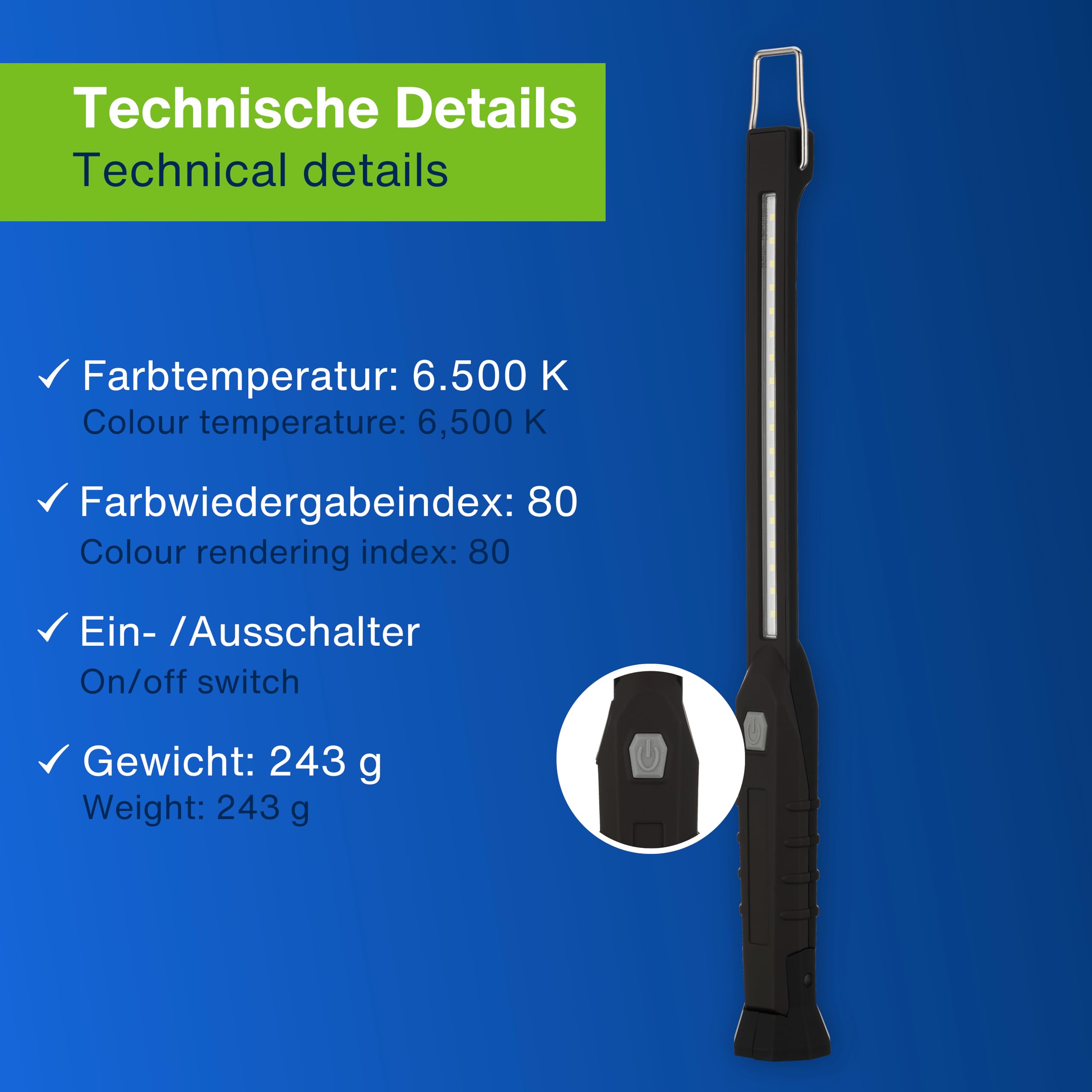 REV LED Arbeitsleuchte - Kompakte Akku Handlampe mit klappbarem Standfuß & Aufhängehaken, Inspektionslampe - ideal für Werkstatt & KFZ, grau