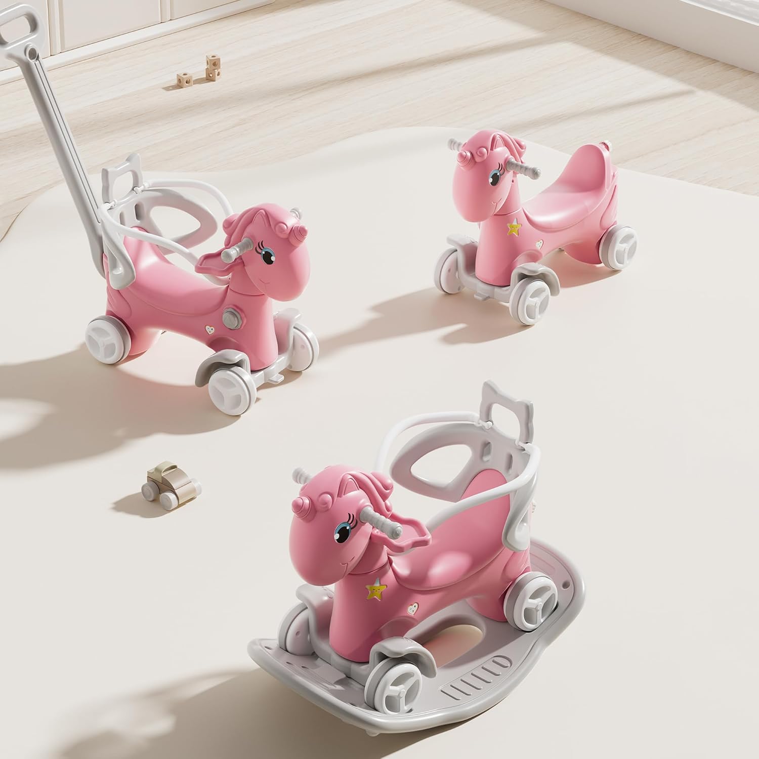 4 in 1 Rocking Horse for Toddlers 1.5-3Years, Baby Ride on Toy with Detachable Balance Board,Footrest and 4 Smooth Wheels, HDPE Material and 40° Swinging,Balance Bike