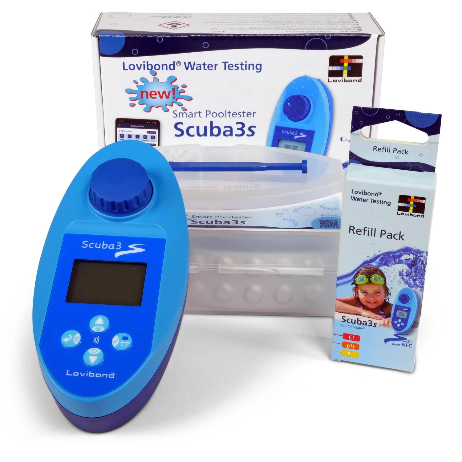 SCUBA 3s tester elettronico per piscina + confezione di ricarica - Trasferimento dati NFC collegamento app indicazione di luce - Misura 11 parametri dell'acqua - incl. 60 compresse per fotometro