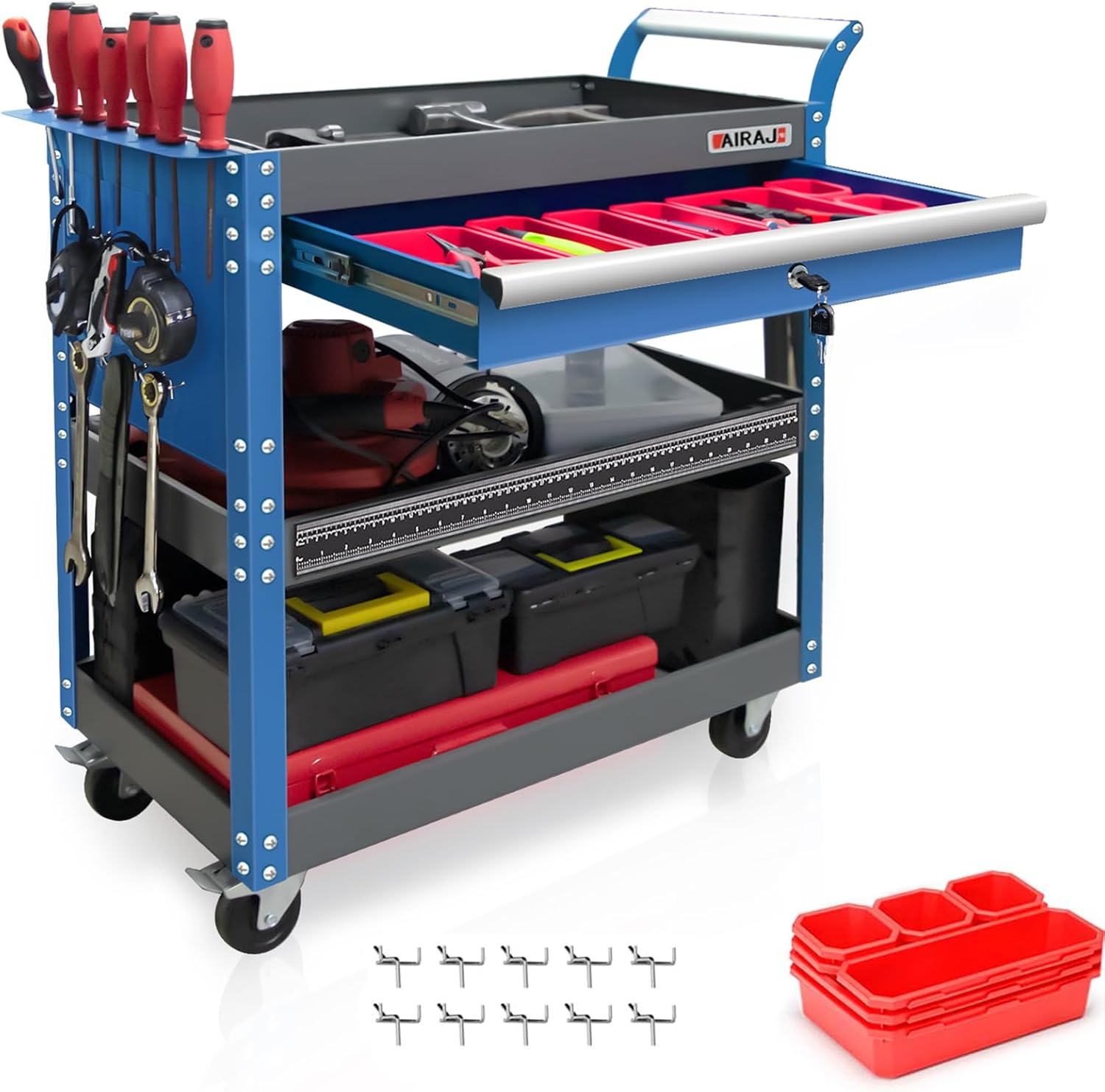 Tool Cart,27.5" 3 Tier Tool Cart on Wheels,Utility Industrial Service Cart with Drawers,Pegboard and Locking System,Suitable for Garage,Warehouse,Mechanic,440LBS Load,Black