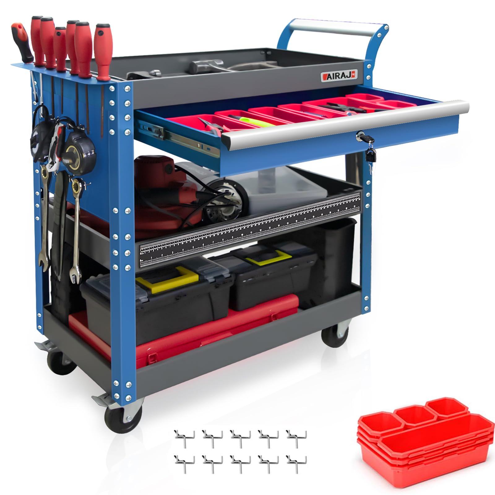 AIRAJ 3-Layer-Werkzeugwagen mit 8 Schubladen-Organizer,Abschließbare Schubladen,Maximalen Belastung von 200 KG,2 Universalräder,Multifunktionaler Werkzeugwagen mit Geeignet für Werkstätten,Lager