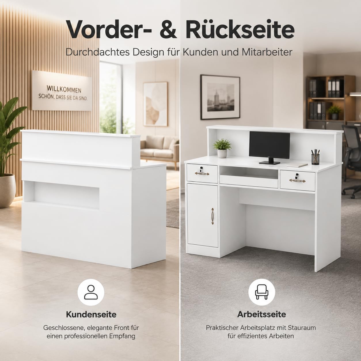 Empfangstheke Weiß 50 x 120 x 100 cm mit Schubladen für Hotel und Geschäft