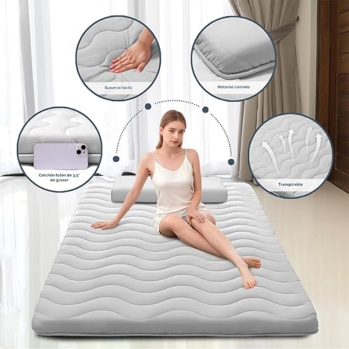 Miniatura 2 de Colchón de Futón Japonés para Suelo, 100% Espuma Cómoda de Alta Densidad, Colchón Plegable Engrosado de 3.5 Pulgadas, Tapete Tatami para Dormir