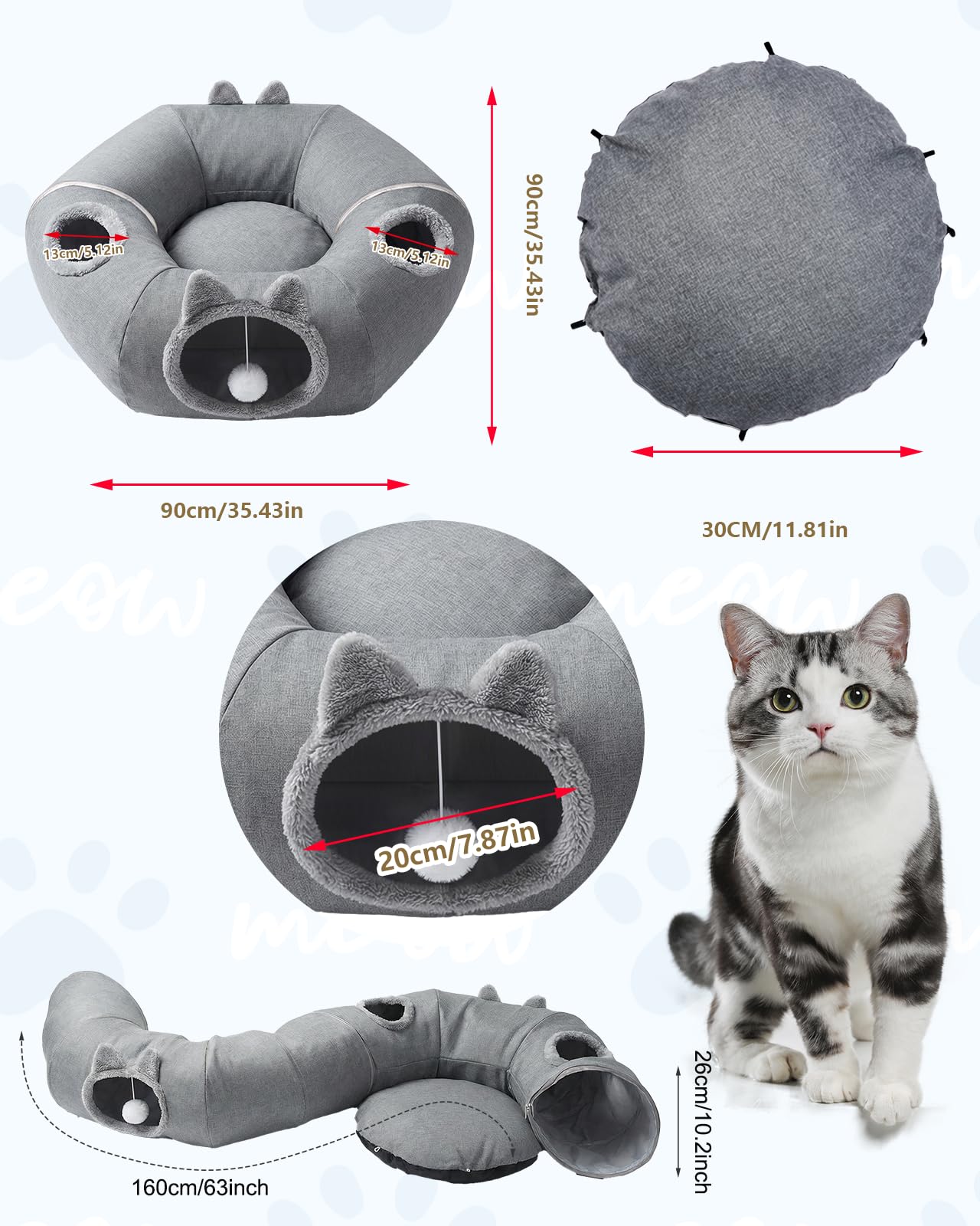 Katzentunnel aus Leinen für den Sommer, XXL Katzentunnel Große Katzen mit Schlafplatz & Bed Weiches, mit Zwei Eingängen Katzenhöhle & Hängende Bälle, Katzen Donut Cat Tunnel für Katze (Dunkelgrau)