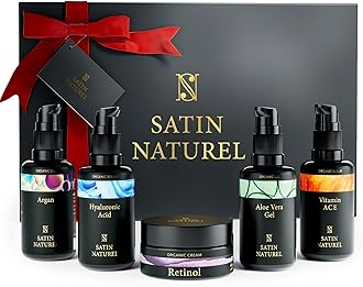 Satin Naturel Luxury Gift Set for Women – 5×30 ml Hyaluronic Acid Serum, Vitamin C Serum, Aloe Vera Gel, Argan Oil & Moisturiser – Radiance & Hydration – Skincare Box – Gift for Her – Festive Edition