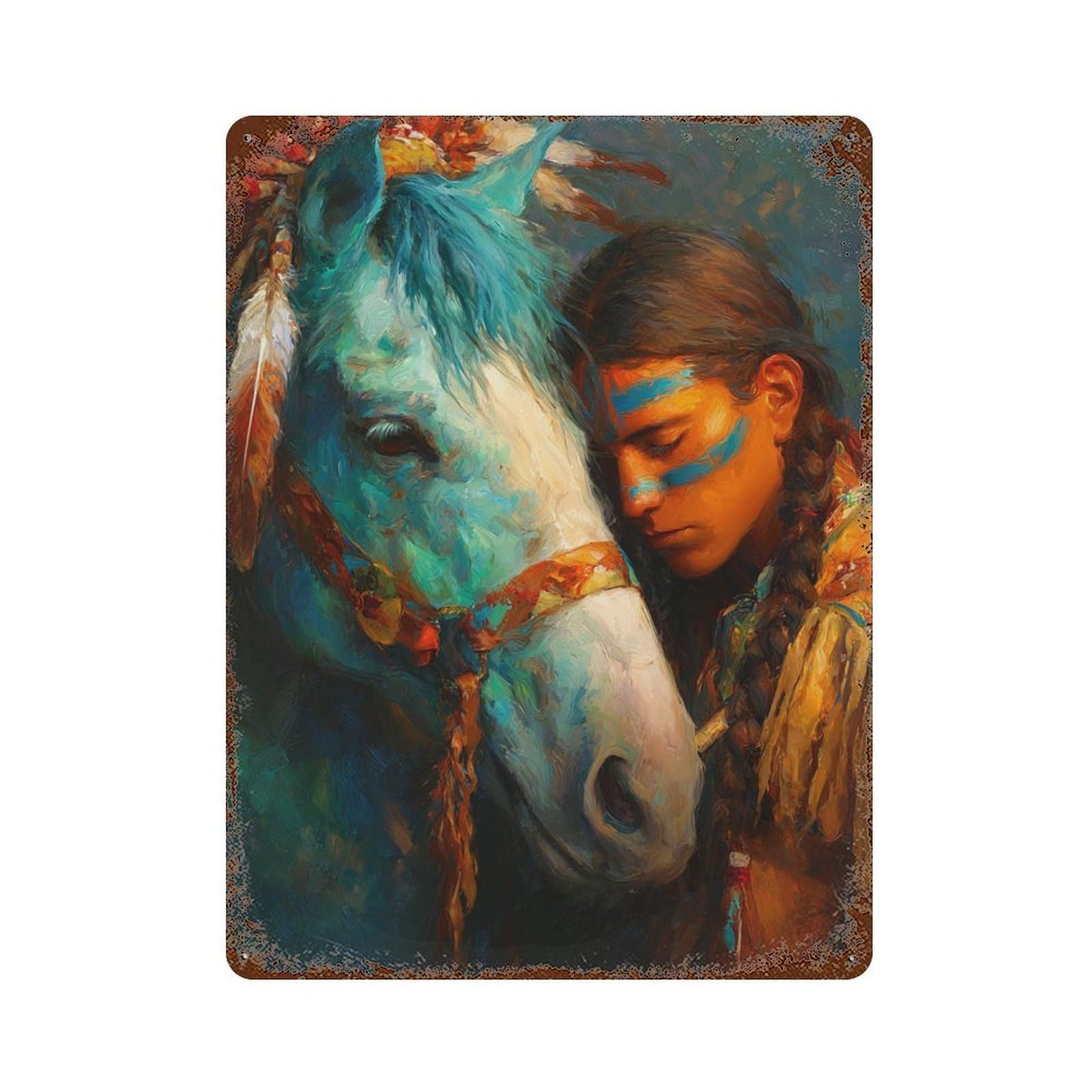 Native American Horse Painting 15.7"x11.8" Aged Metal Wall Plaque, Classic Wall Plaque for Pub, Kitchen And Man Cave Decor