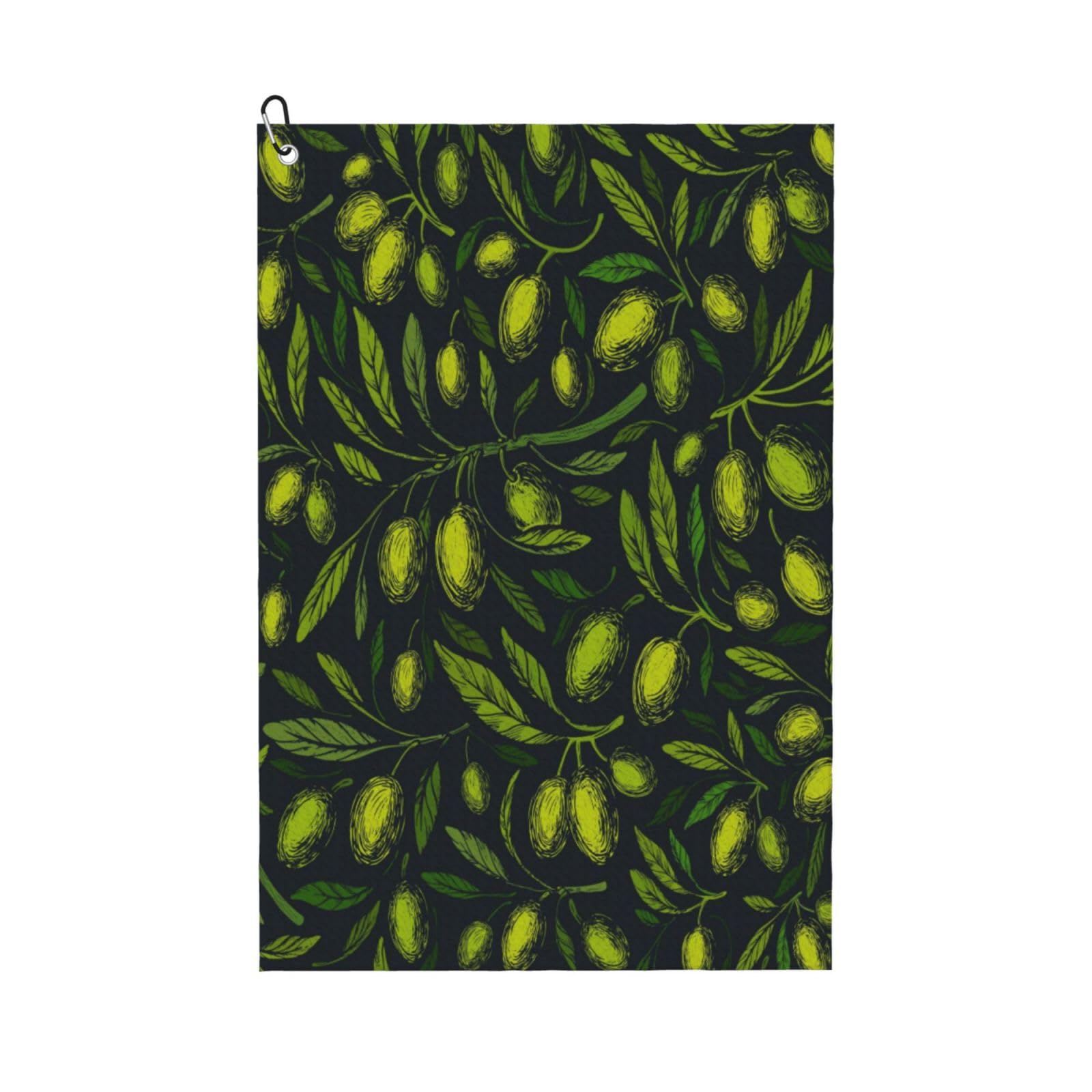 AOOEDM Green Branch Olive Print Golf Towel with Carabiner Clip Absorbent Microfiber Golf Towel for Cleaning Golf Ball Club Putter Iron for Golf Bag Trolly Belt Loop 16" X 24"