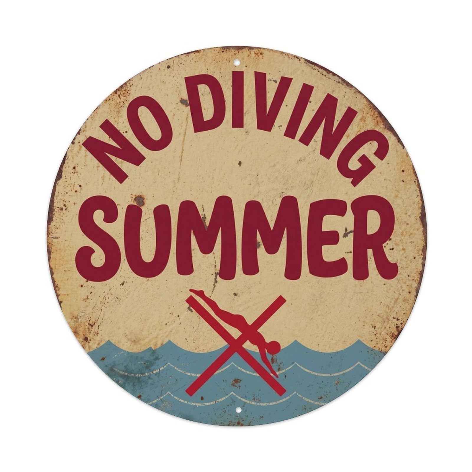 No Diving Pool Safety Summer Vintage Wave Rule Leisure Metal Tin Sign Plaque Wall Decor for Cafe, Man Cave, Club Bar, Office, Home Garden Round Metal Poster 8x8Inch