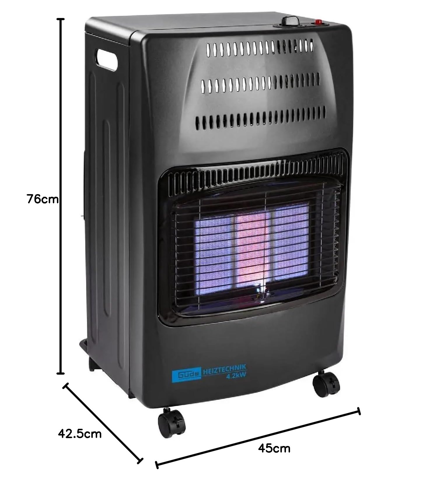 Güde Gasheizer GGH 4200 K (4200 W, 3 Heizstufen, Piezozündung, mobil einsetzbar, 50 mbar Arbeitsdruck, Keramik-Heizelemente, thermische Sicherung, 4 Feststellrollen, inkl. Gasschlauch und Druckregler)