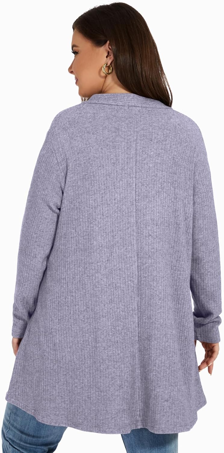 OVERWORETY Long Sleeve Open Front Cardigan Sweaters for Women Plus Size Tunic Tops with Pockets - Image 4