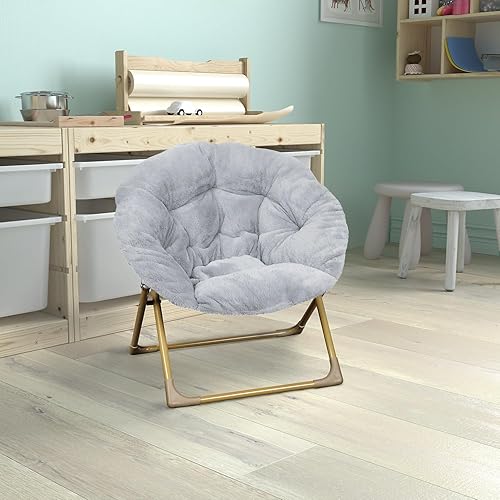 Miniatura 2 de Flash Furniture Gwen - Silla plegable de gran tamaño, silla de luna de piel sintética gris, marco de metal dorado suave, silla plegable portátil de