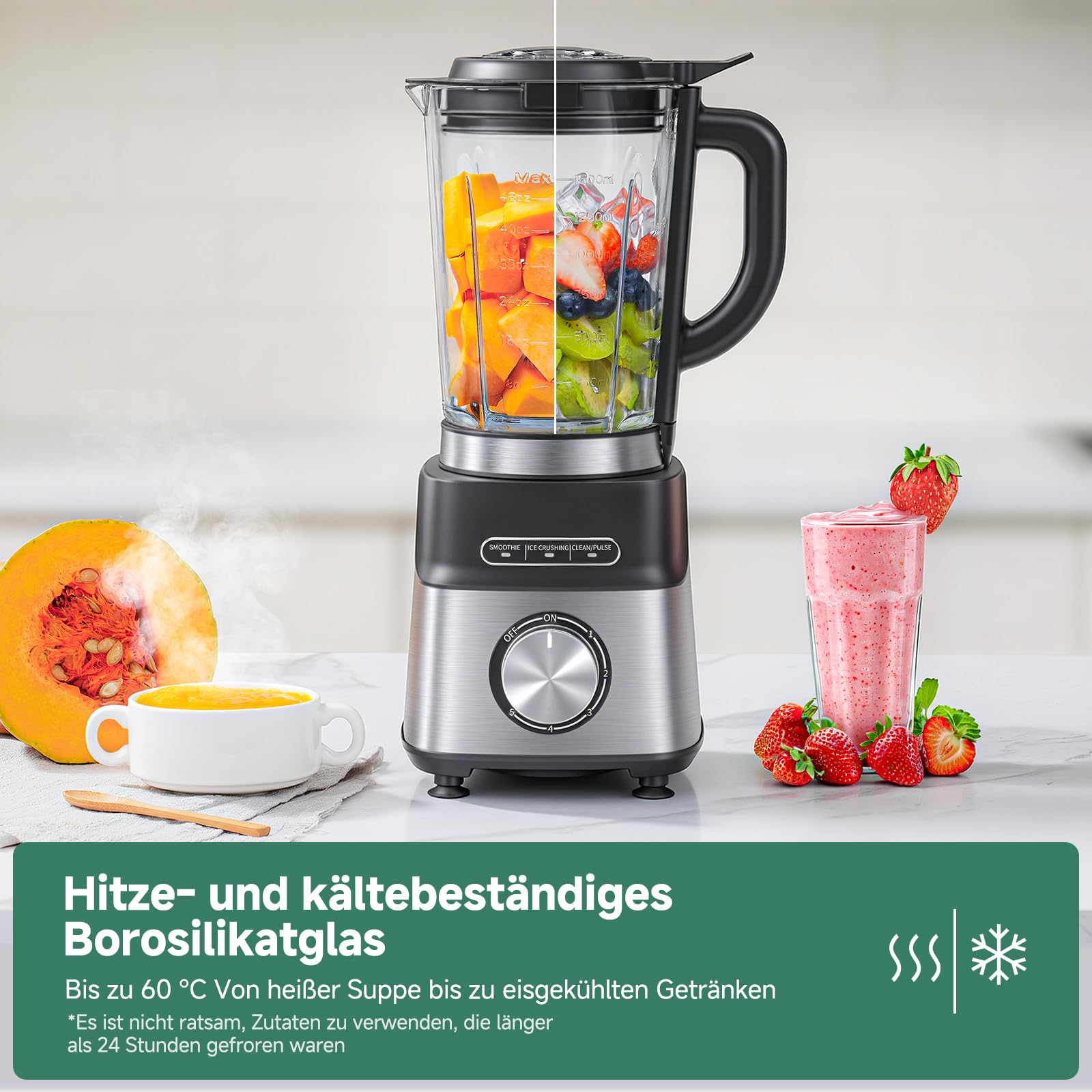 AMZCHEF Standmixer Gas Smoothie Maker mit Glasbehälter & 6-Klingen-System – Hochleistungs-Mixer 1200W für Smoothies, Eis & Shakes, 5-Stufen-Regler mit Pulse & Selbstreinigung