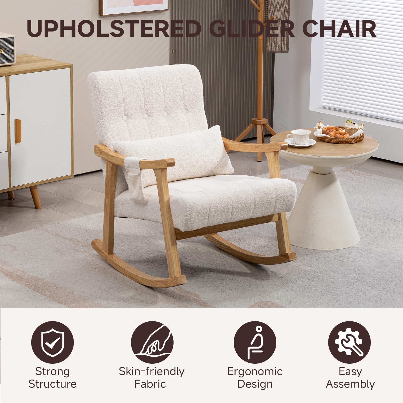EROMMY Fauteuil à Bascule, Fauteuil de Relaxation en Tissu Teddy avec Coussin Lombaire & Poche Latérale, Rembourré en Tissu Doux, avec Cadre en Bois de Caoutchouc, pour Salon, Chambre à Coucher, Blanc