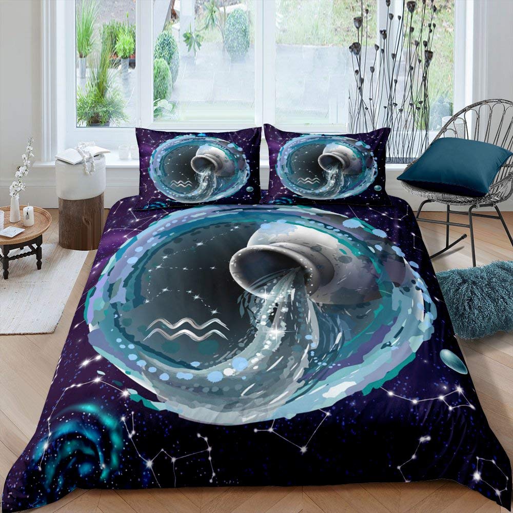 Twelve Constellations Bedding Set Super King Size Aquarius Duvet Cover Set Purple Galaxy Comforter Cover For Kids Boys Girls Starry Sky Tie Dye Outer Space Watercolor Quilt Cover 3Pcs Child Room Decor — image 1