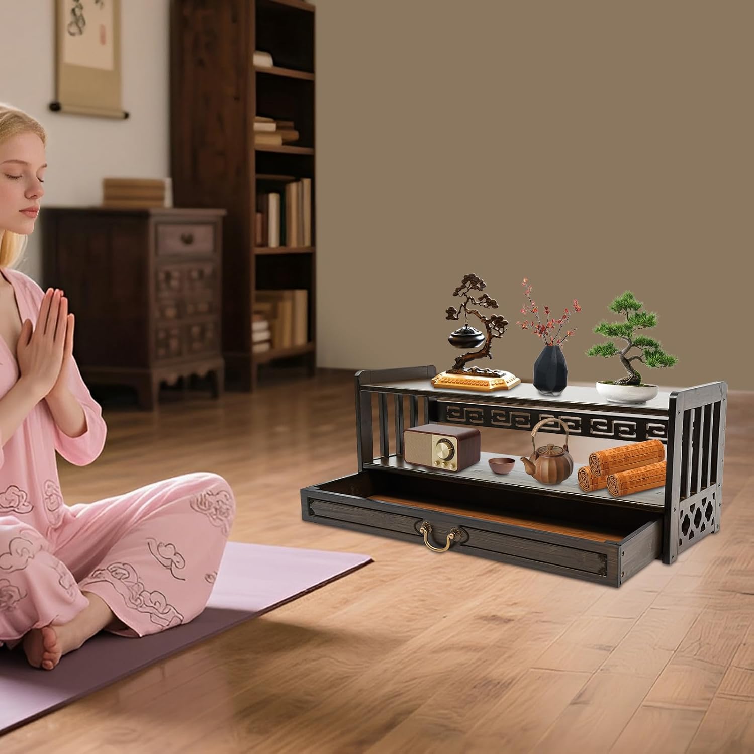 Floor Table Low 2-Tier Meditation Altar Table with Drawers Bamboo Coffee Table Desktop Organizer for Japanese Tatami Chinese Asia, Prayers, Displaying Jars/Plants/Books-27.2*9.8*11in (Walnut Color)