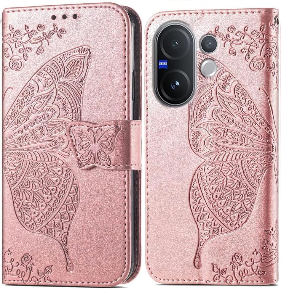 Image of ClickCase Butterfly Series for vivo V60e 5G Leather Embossing Wallet Flip Case Kick Stand Magnetic Closure Flip Cover for vivo V60e 5G (Rose Gold)