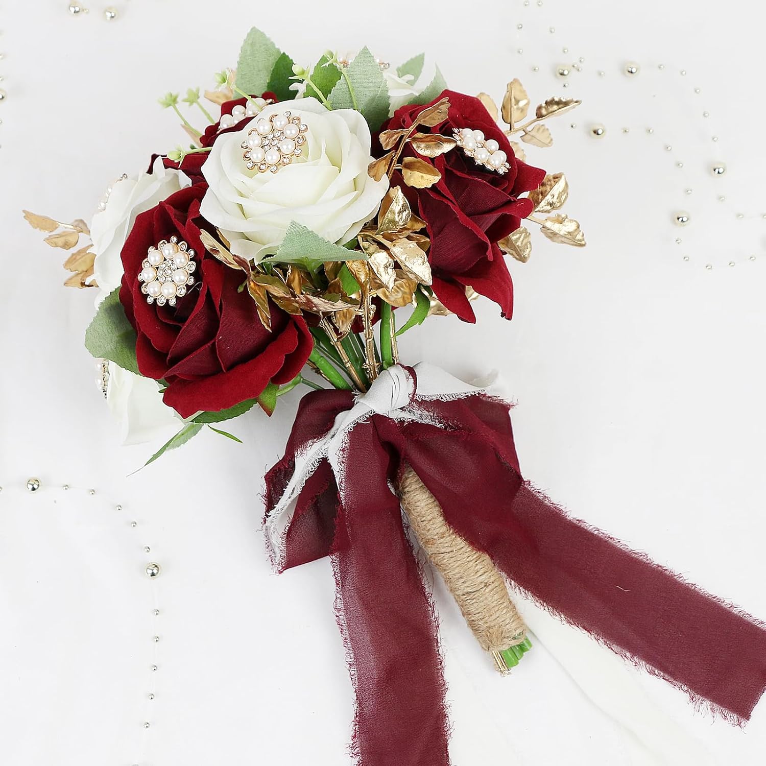 Wedding Bouquets for Bride - Pre-Made Luxury Artificial Bridal Bouquets Roses Flower Bouquets for Vintage Wedding or Centerpieces Decoration - Burgundy & White & Gold - Image 5