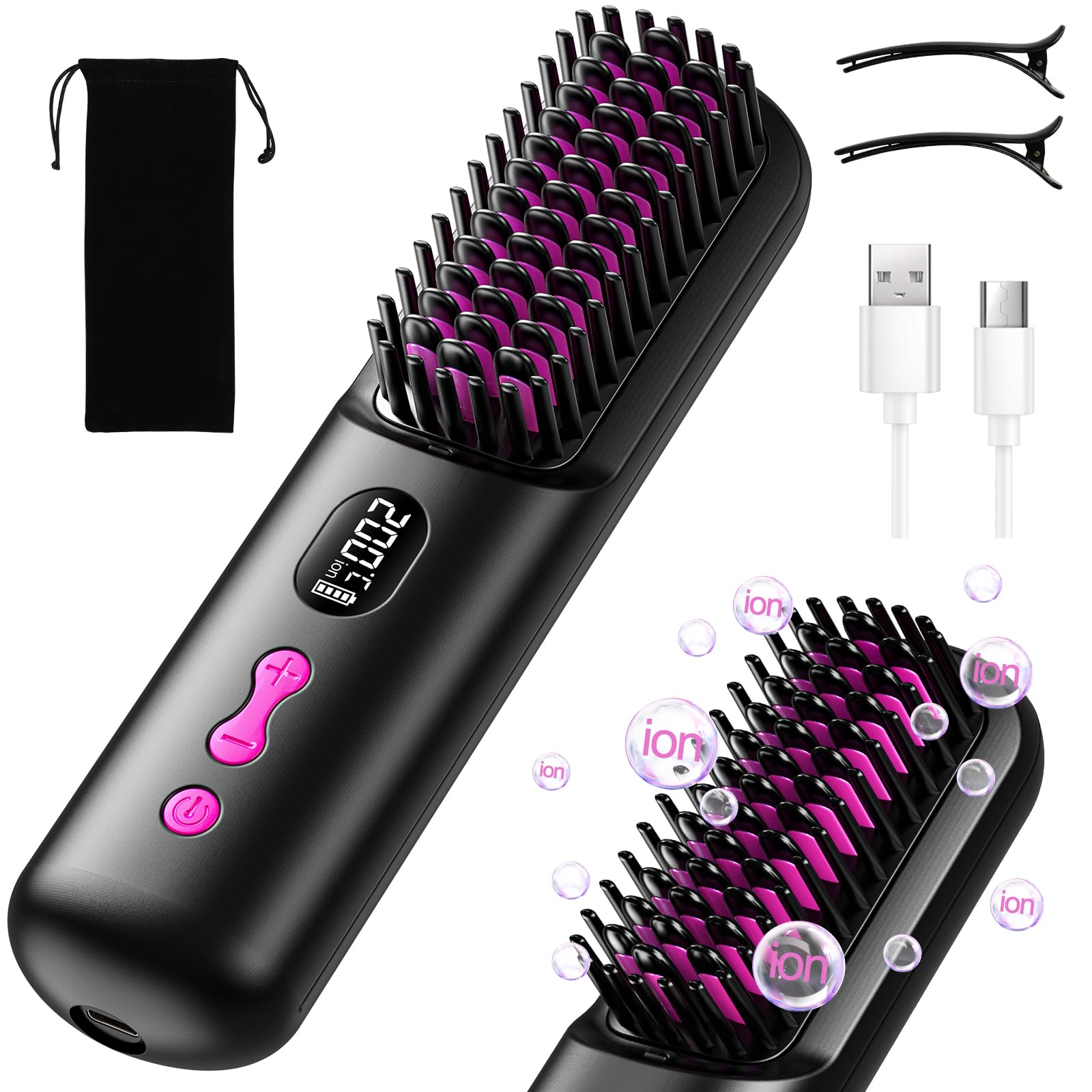 HOMELYLIFE Cordless Hair Straightener Brush, Portable Hair Straightener Brush for Travel, Negative Ion 9600mAh USB Rechargeable Heated Straightening Brush Hot Comb for Women Beard Straightener for Men