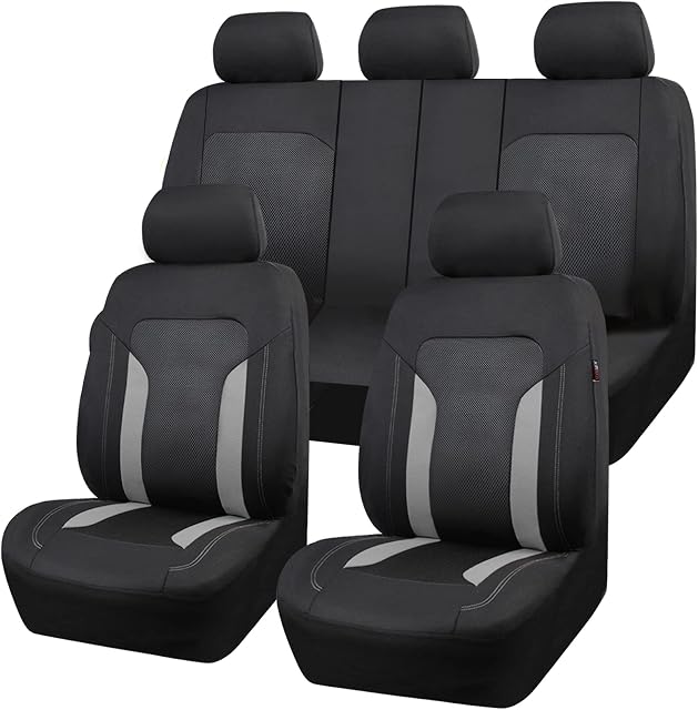 CAR PASS CAR-Grand Universal 3D Air Mesh-100% Breathable Sporty Car Seat Covers Airbag and Rear Split Bench 3 Zipper Compatible for 90% Automotive SUV Truck Saden Women (Full Set, Black Gray)
