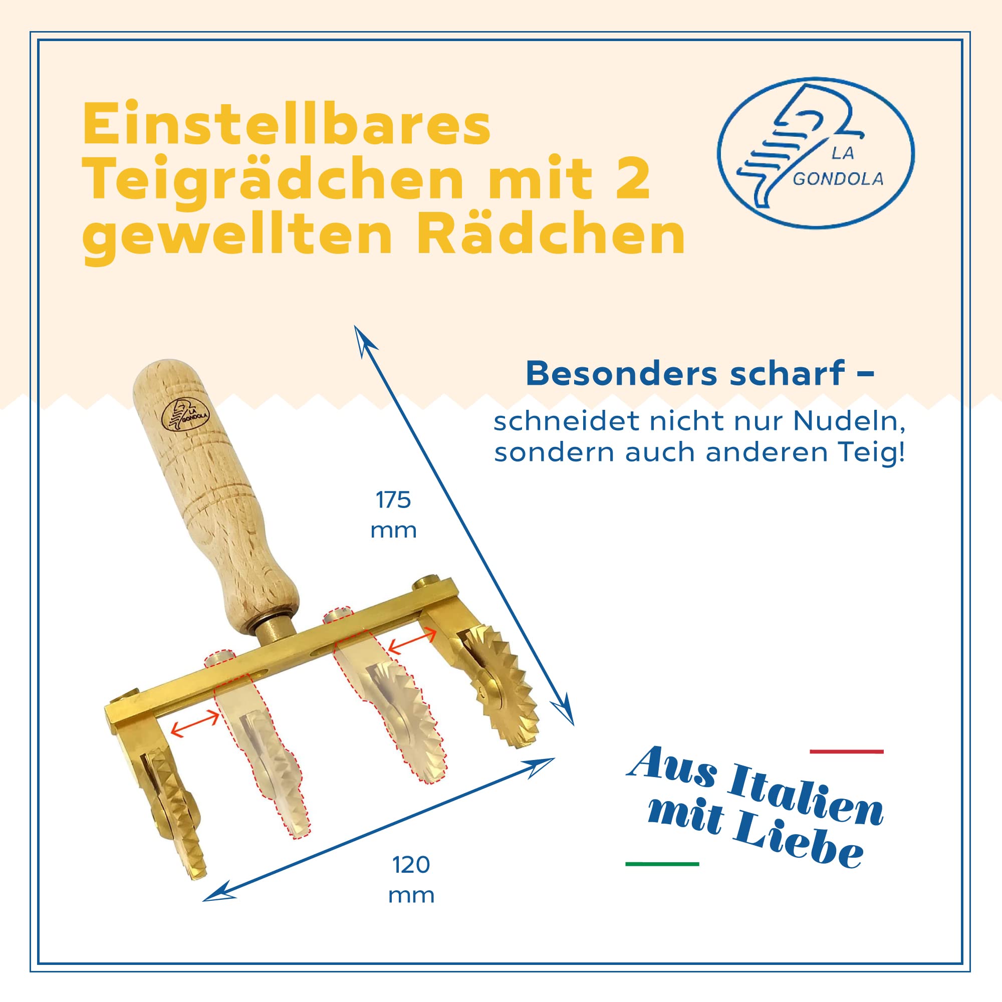 La Gondola Teigrädchen - Einstellbares Rad (2x Gewellt) | Nudelwerkzeug | Messing & Naturholz | Sicheres & Einfach zu verwenden | Hausgemachten Ravioli Teigschneider Made in Italy