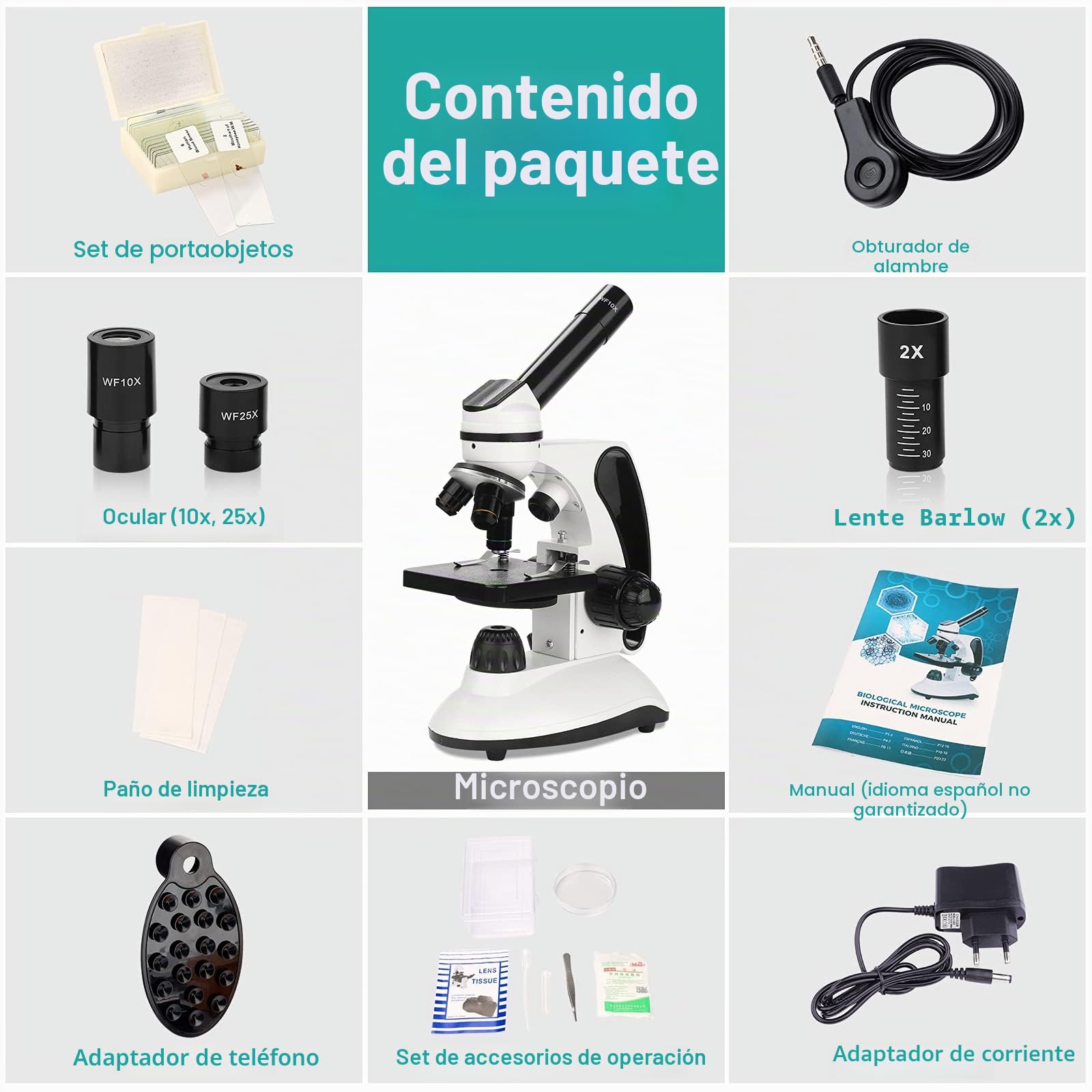Microscopio para Niños 40X-2000X Microscopio Profesional, con Adaptador de Teléfono, Juego de Portaobjetos de Microscopio para Laboratorio Escolar, Hogar, Investigación Científica Biológica