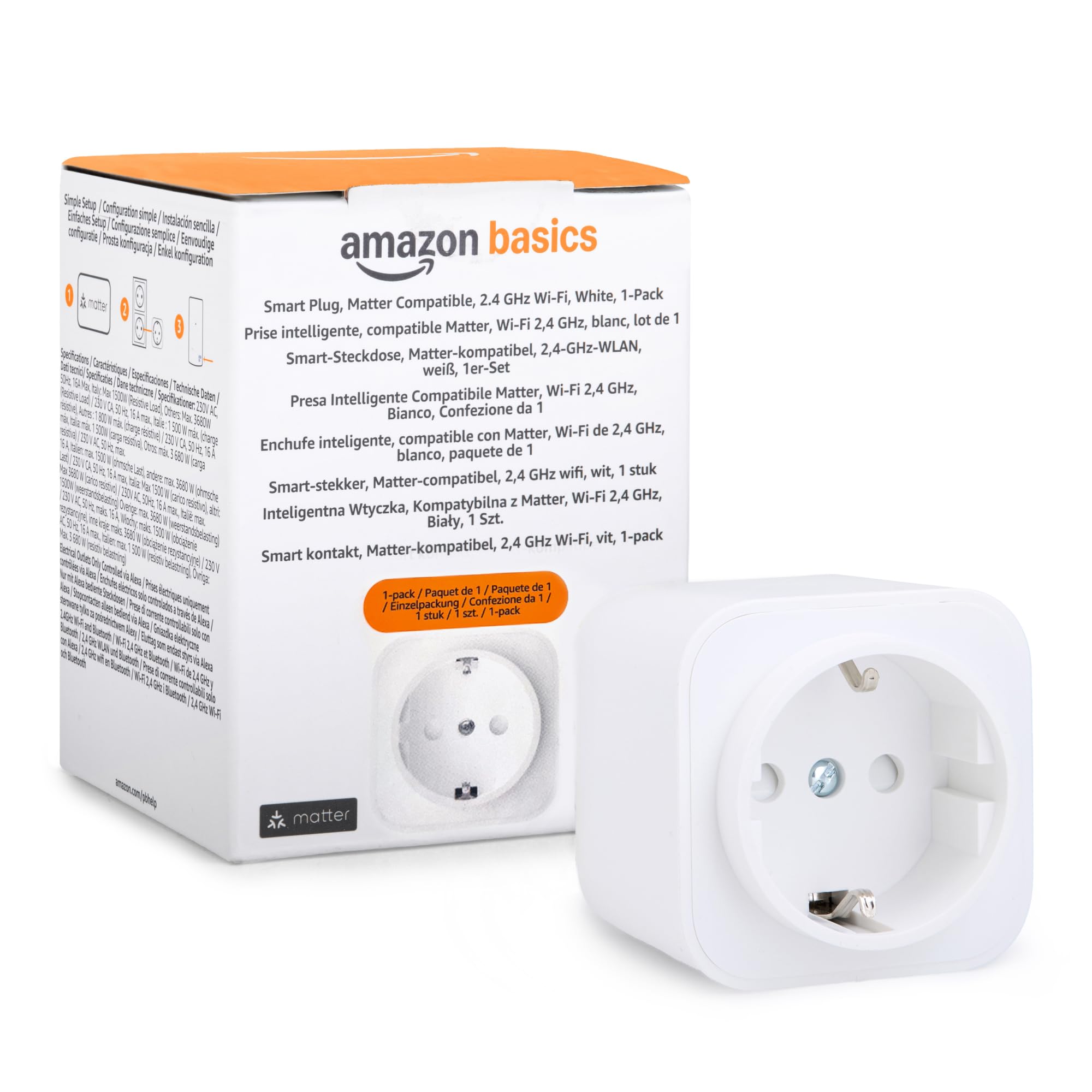Amazon Basics Enchufe inteligente, compatible con Matter, Amazon Alexa, Google Home y Apple HomeKit, se requiere un concentrador Matter, 2,4GHz, solo Wi-Fi, blanco, Paquete de 1