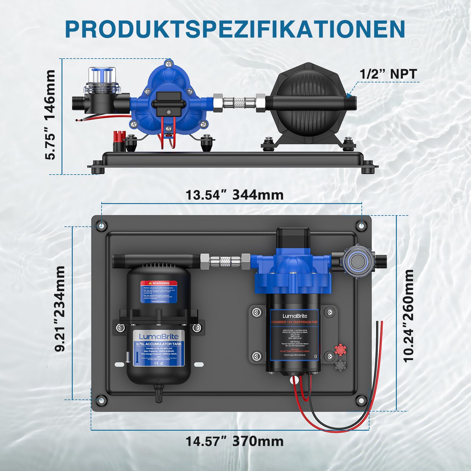 DC 12V Wasserdrucksystem - Wasserpumpe 12V Membranpumpe Selbstansaugende 3.0GPM 50 PSI und 0.75L 125 PSI Druckausgleichsbehälter Wohnmobil für Camping Gartenbewässerung, Boote