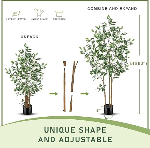 Miniatura 4 de Ficus Tree Artificial - Árboles de ficus artificiales de 5 pies para interiores con tronco natural y hojas realistas, árbol de ficus falso para