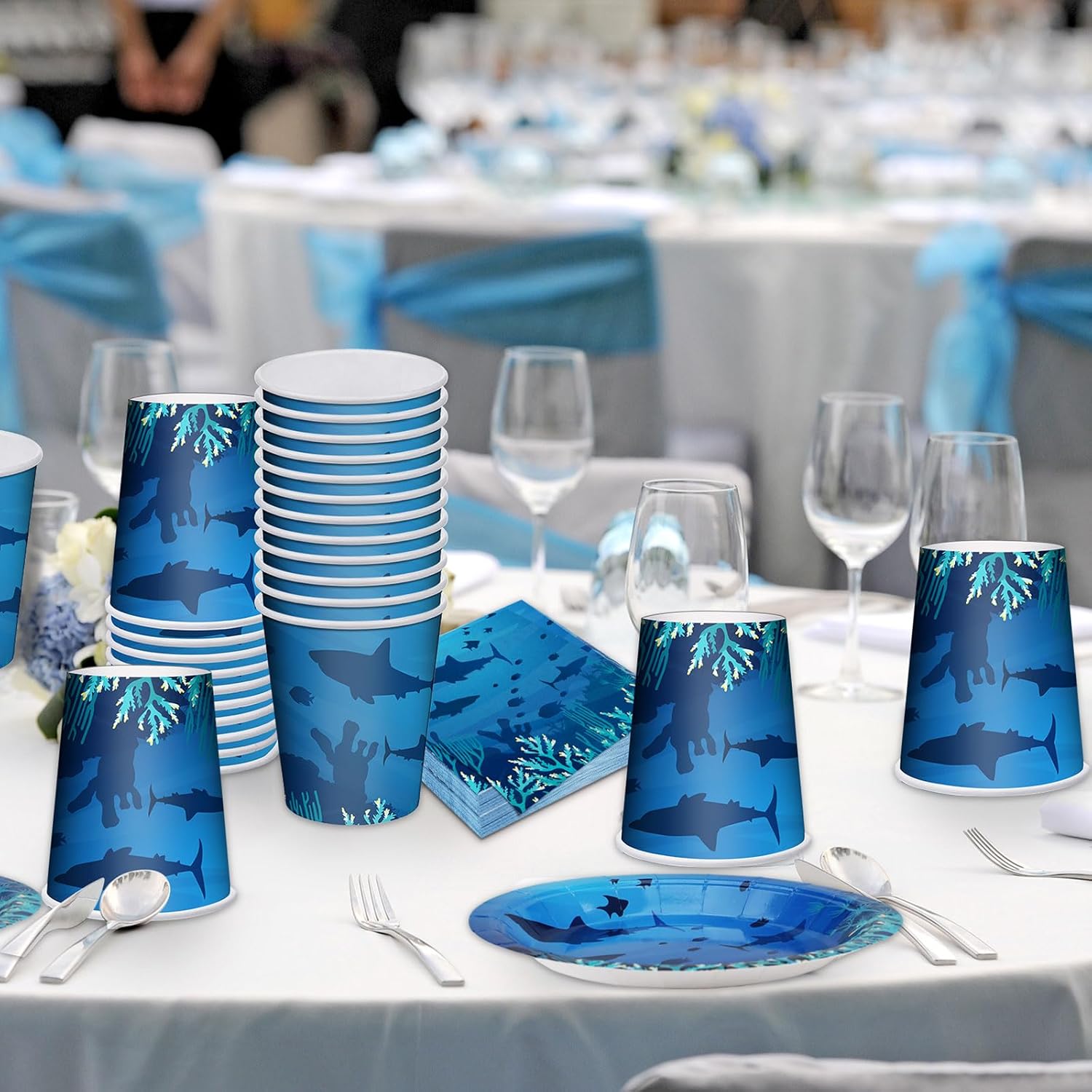 200 Pieces Party Supplies Tableware Set Patterns Printed Plates Napkins Cups Table Decorations for Baby Shower Birthday Party (Sea Style) - Image 7
