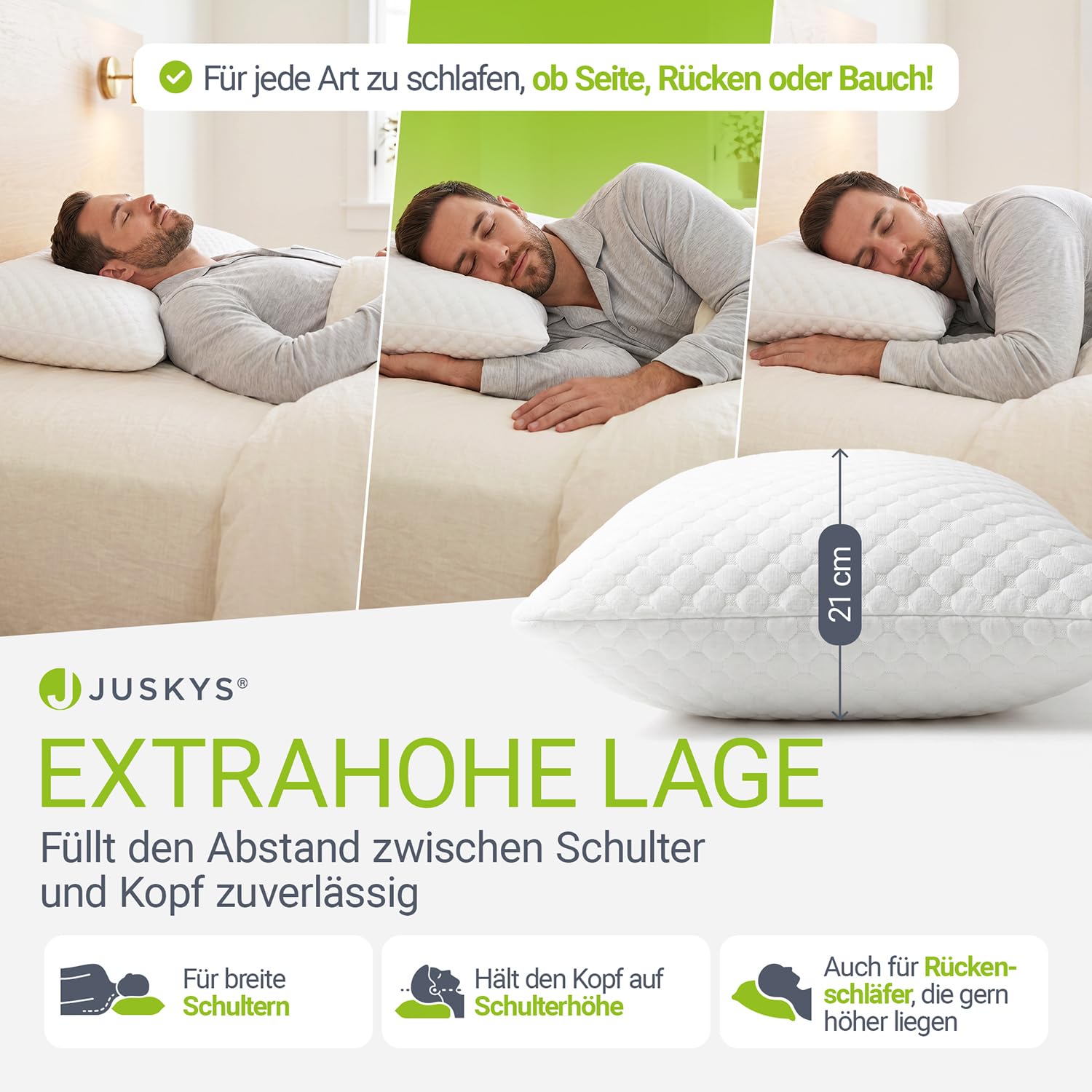 Juskys Kopfkissen 2er Set 40x80 cm – Memory Foam Kissen mit atmungsaktiver Füllung & waschbarem Bezug – Weiß