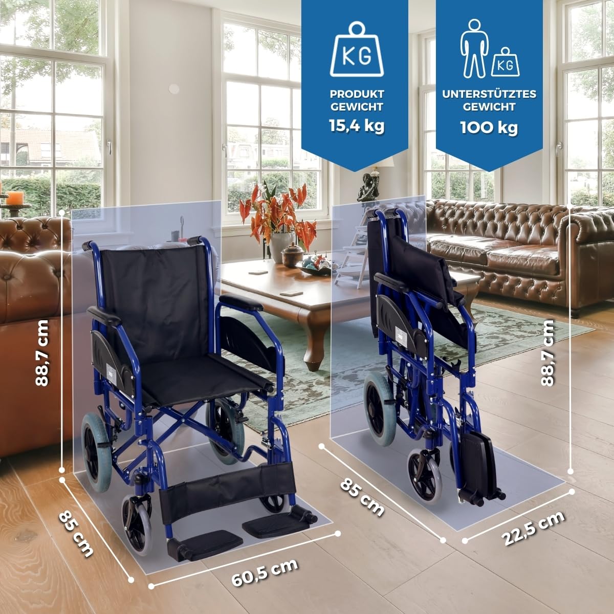 Mobiclinic®, Faltbarer rollstuhl, Maestranza, Feststellbremsen, 45 cm sitzhöhe, Abnehmbare fußstützen, Abklappbare und gepolsterte armlehnen, Kleine räder, Robust, Farbe schwarz