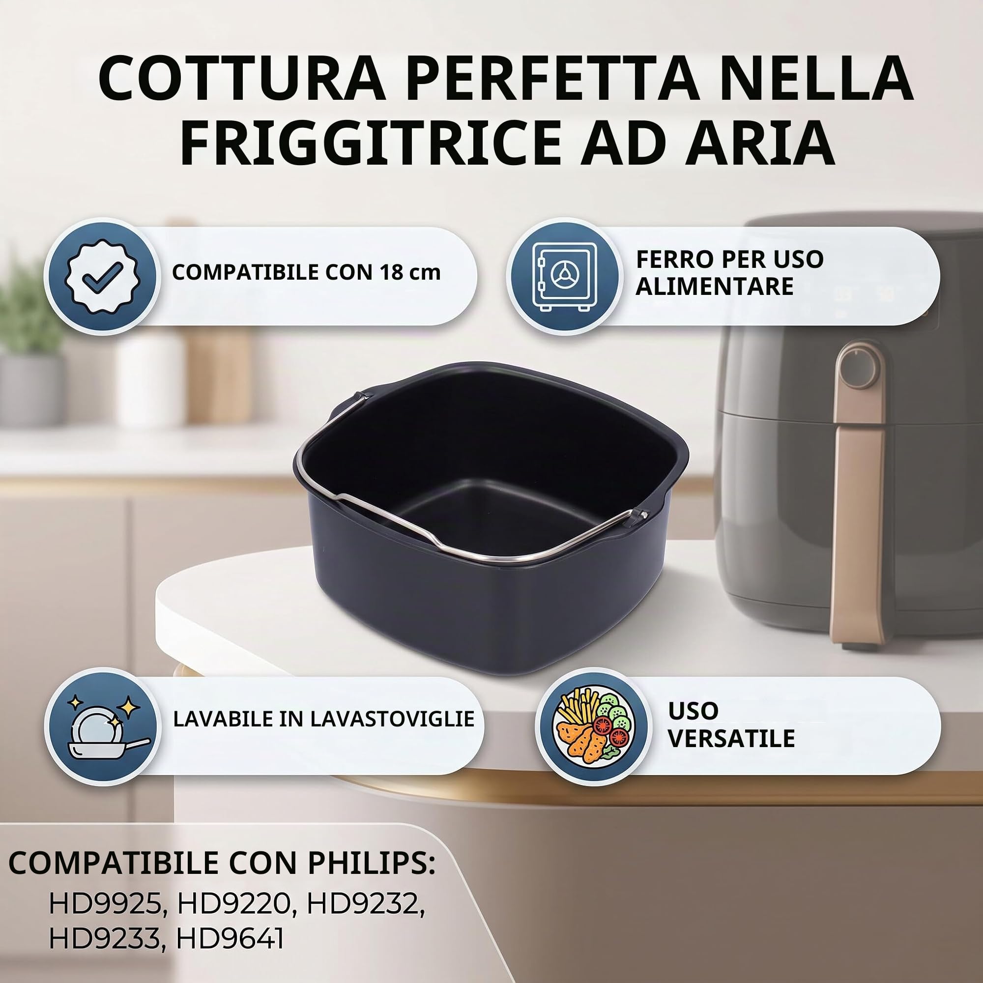 Teglia per friggitrice ad aria calda, stampo per torte, friggitrice ad aria calda, cestino quadrato per friggitrice ad aria calda, accessorio per friggitrice ad aria per HD9925 HD9860 HD9905 01 (18 cm