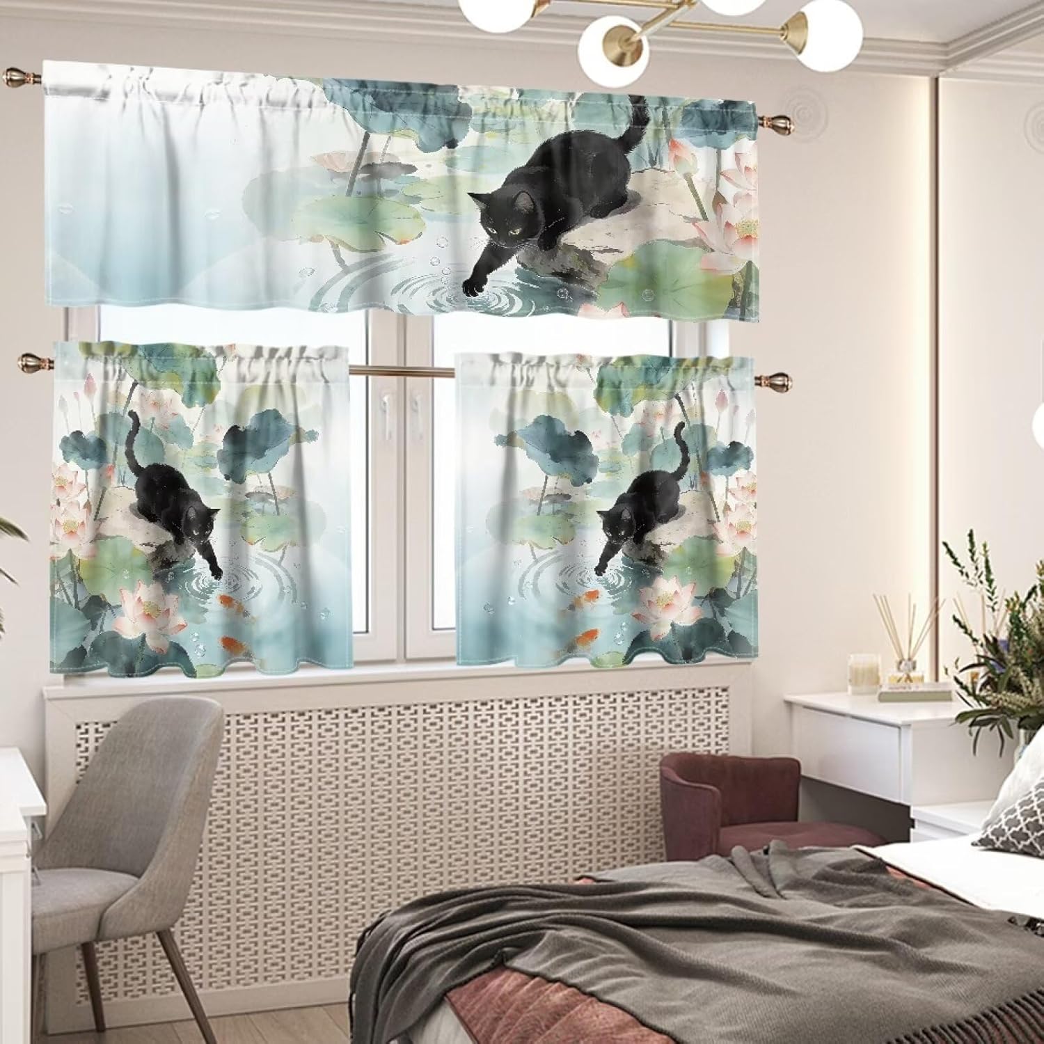 Pond Cat Kitchen Curtains and Valances Set Sage Green Kitchen Curtains 24 inch Length Sets 3 Piece Rustic Short Cafe Drapes Vintage Window Treatments Set for Bedroom Living Room Decoration
