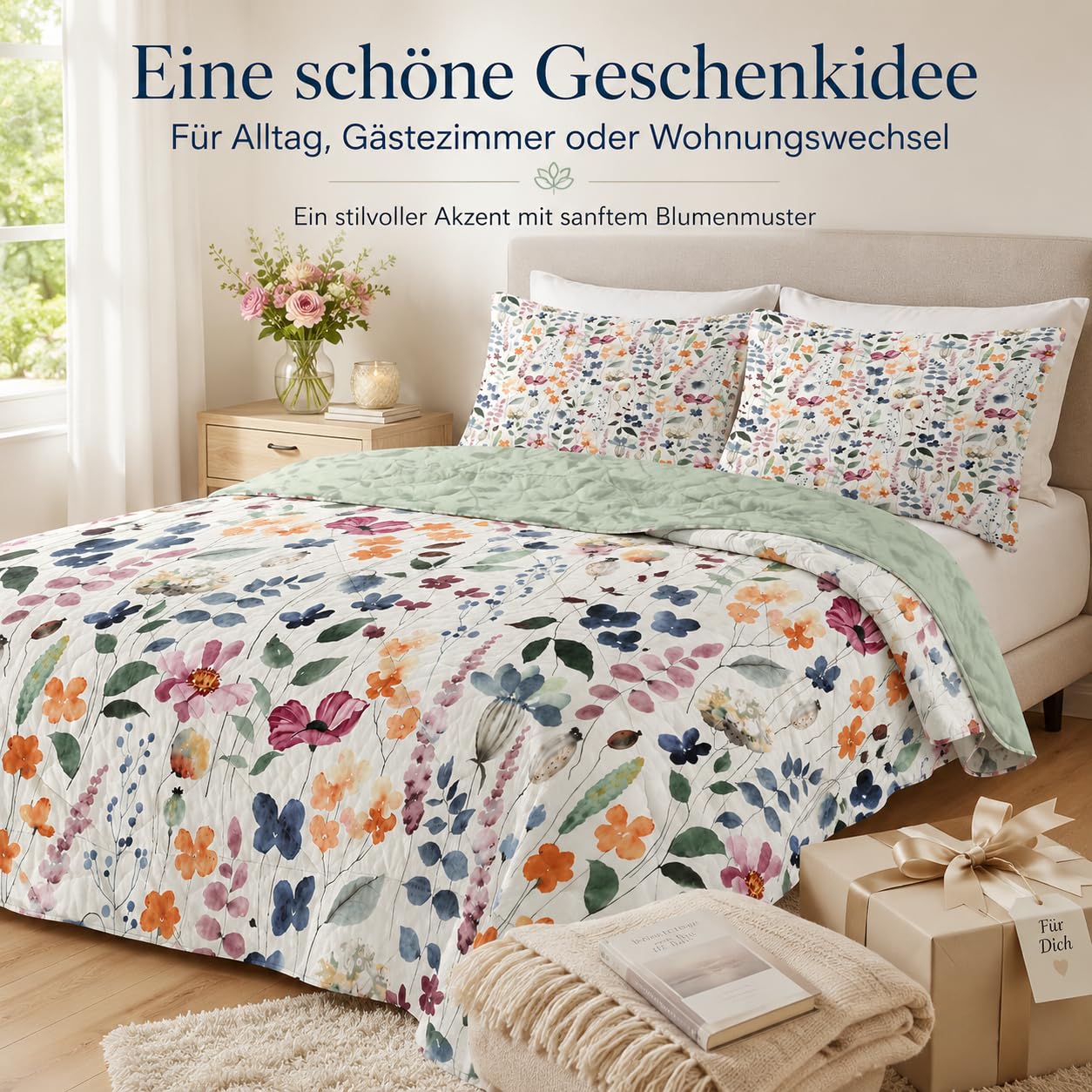Bettdecke 135x200 4 Jahreszeiten, Beige Blume Vierjahreszeiten Steppdecke 135x200, Warme Ganzjahresdecke Salbeigrüne Pflanzen Bettdecke ohne Bezug Waschbar Schlafdecke mit 2 Kissenbezug 80x80cm