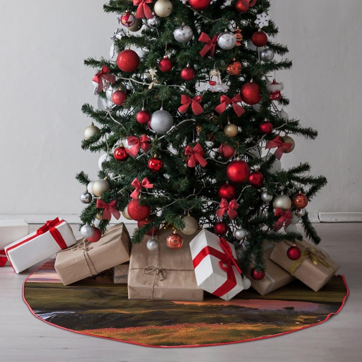 Christmas Tree Skirt,for Xmas Tree Holiday Party Decorations Iceland Sunset Printed Christmas Tree Mat Red Lace-up Christmas Tree Dress