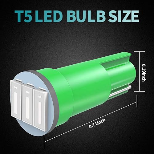 Miniatura 6 de Paquete de 10 bombillas LED T5, súper verde 74 73 2723 70 37 2721, cuña, enchufe giratorio PC74, luces de repuesto para salpicadero, panel de