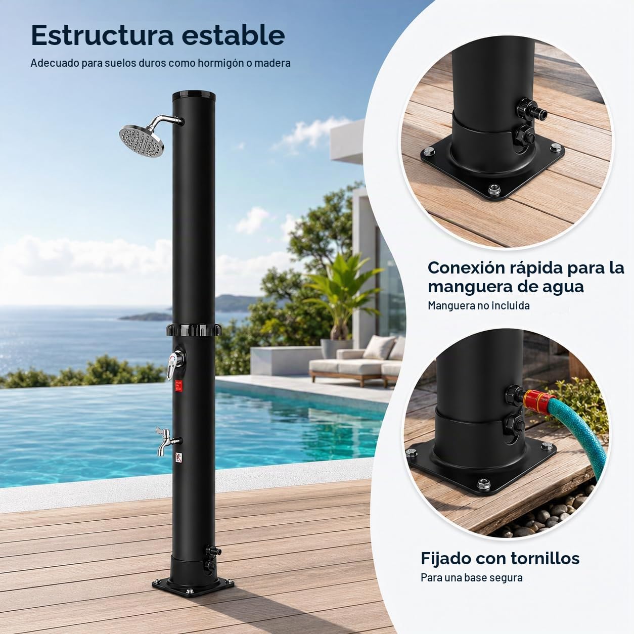 Ducha Solar Jardín con Funda Protectora – 35 litros Ducha de Piscina con Cabezal de Ducha de Lluvia Ajustable, Grifo de Control de Temperatura y Presión, Ducha Exterior Jardin