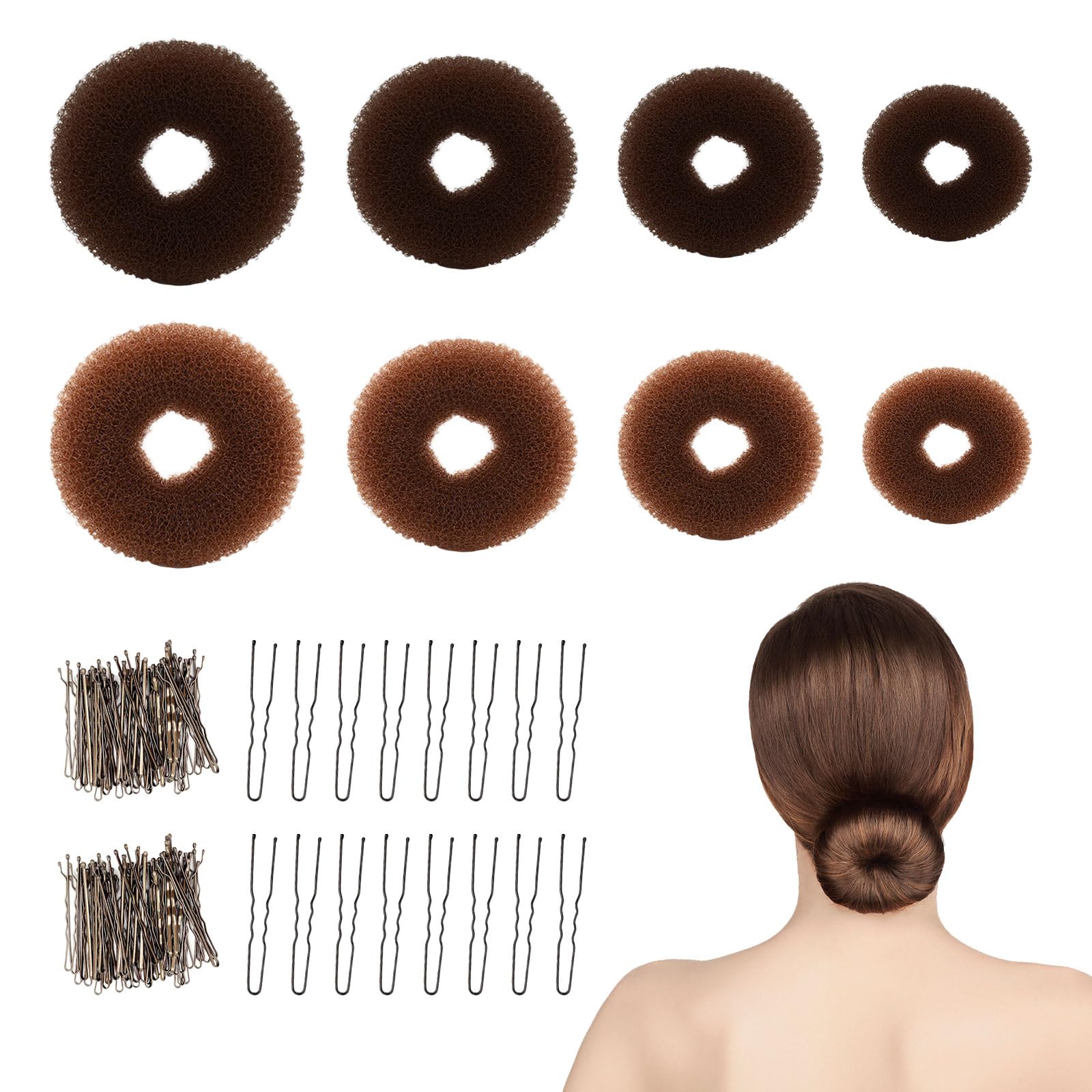 SAIIURV 108 Pack Ring Style Ballet Bun Donut Set, Include 8pcs Hair Doughnut and 100pcs U Shaped Hair Pins