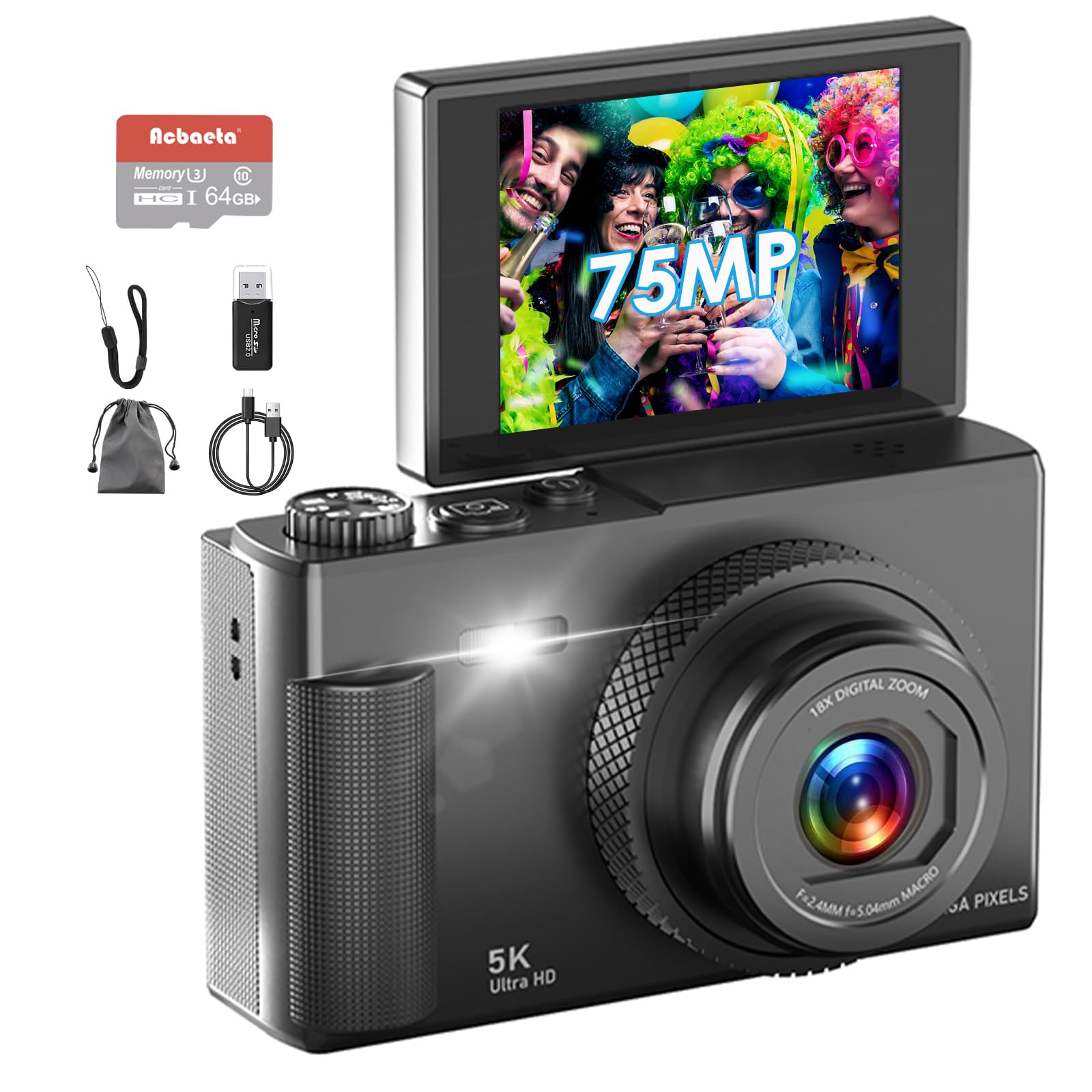 5K UHD デジタルカメラ 75MP 5K Digital Camera, 75MP HD WiFi Digital Camera, 18X Digital Zoom