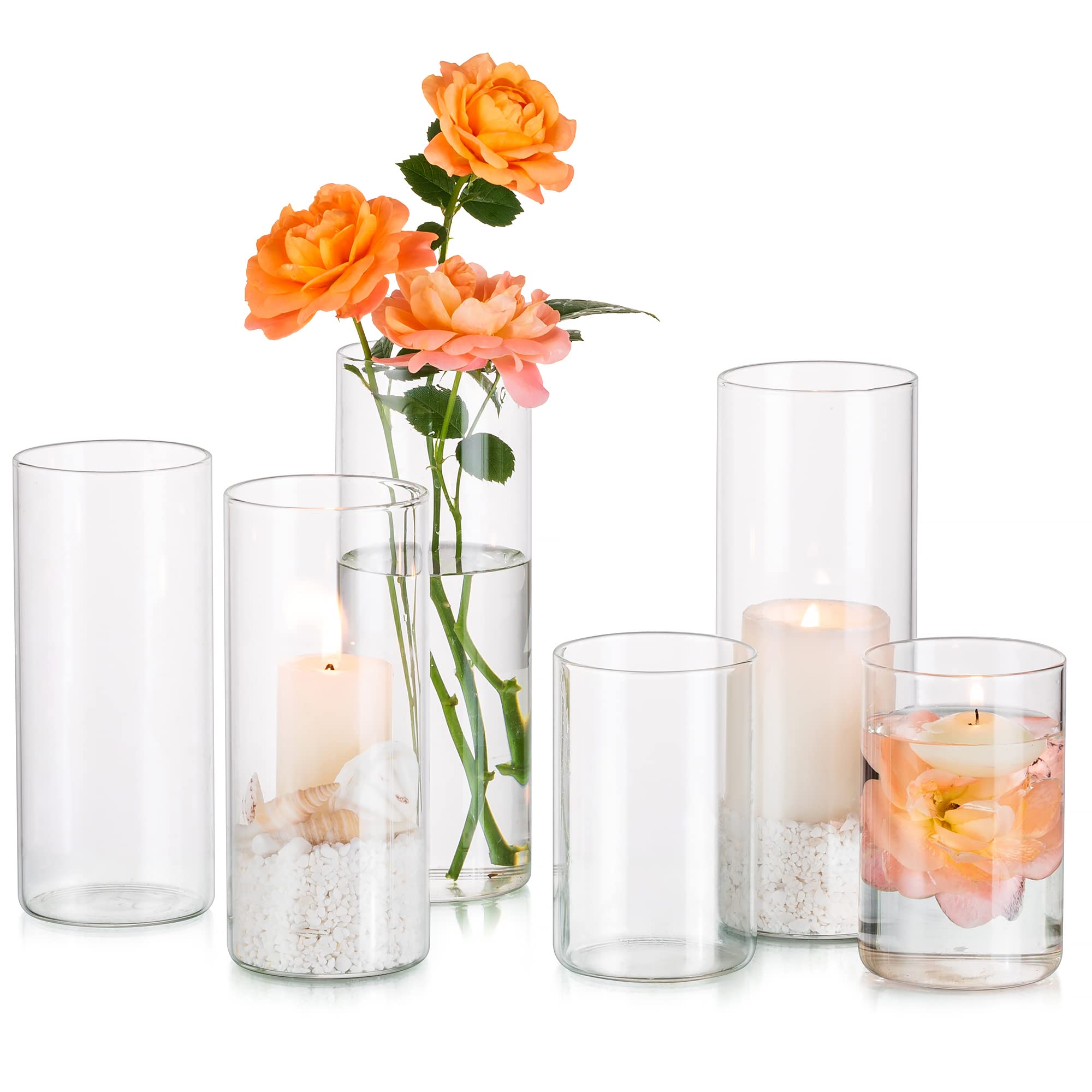 Glasseam Clear Glass Cylinder Vase, Set of 6 Glass Vases for Centerpieces, Modern Floating Candle Vases for Flowers, Hurricane Vase Decor Candle Holders for 2" Pillar Candles Wedding Decorations