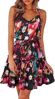 Newshows Women's 2025 Summer Dress Spaghetti Strap Casual Boho Beach Vacation Outfits Drawstring Ruffle Hem Sundress Trendy - Buy now