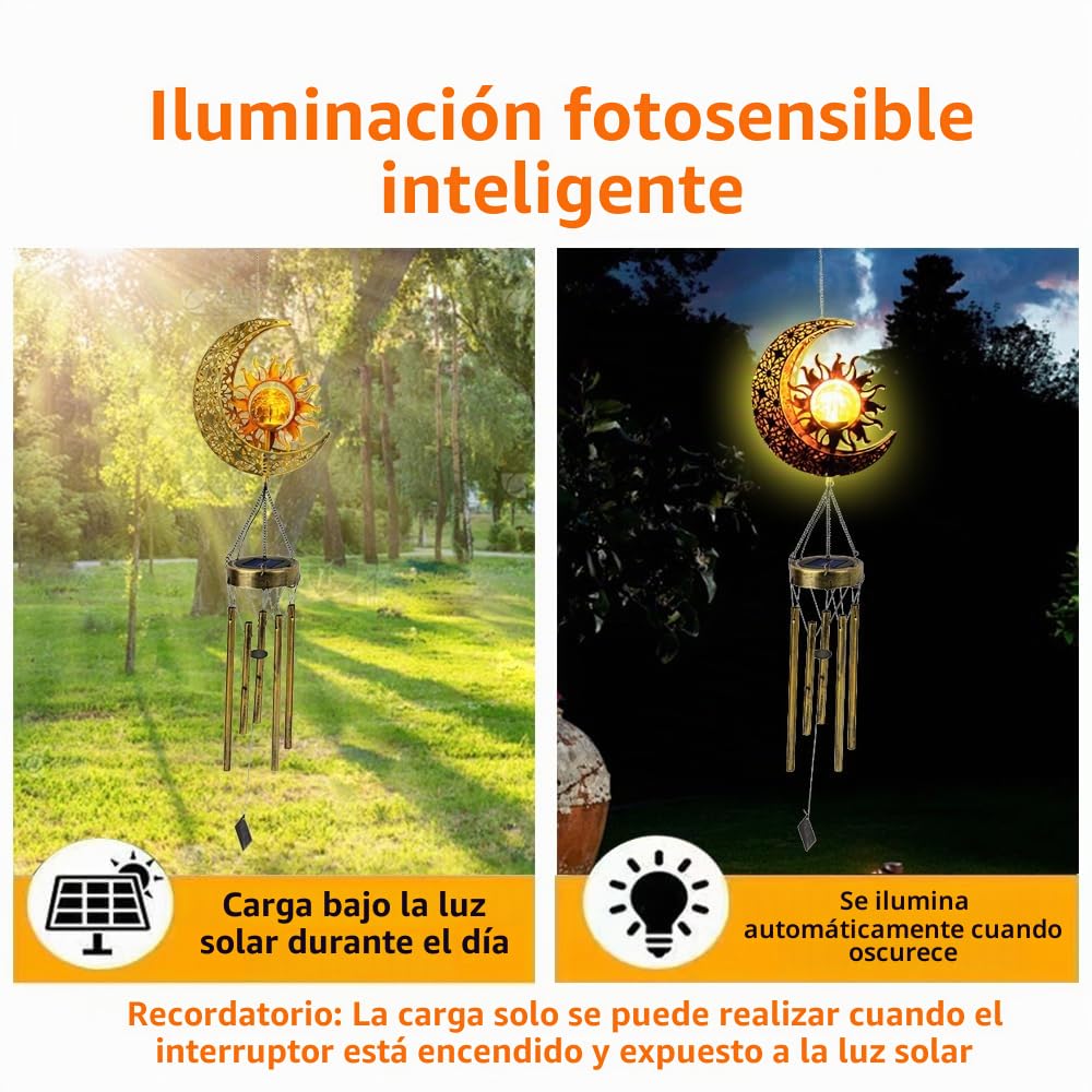 Bonita Campana de Viento Solar con luz Solar y Lunas, luz Decorativa de Hierro para Sol y Lunas, una luz LED portátil para Exteriores, Regalo para Amigos.