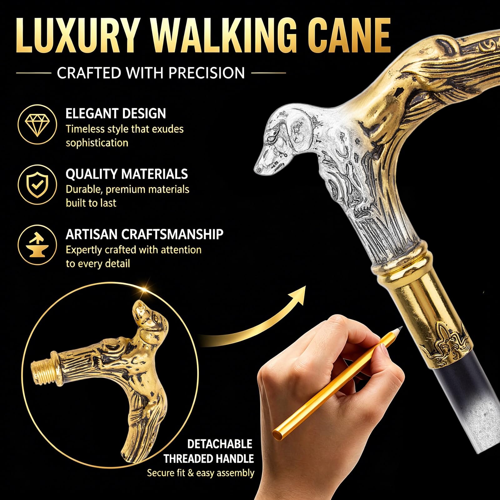 Bastón de 93 cm para Hombres, Mujeres y Personas Mayores - Capacidad de 113 kg, Mango Ergonómico Golden Dog, Bastón Plegable de Acero Hecho a Mano