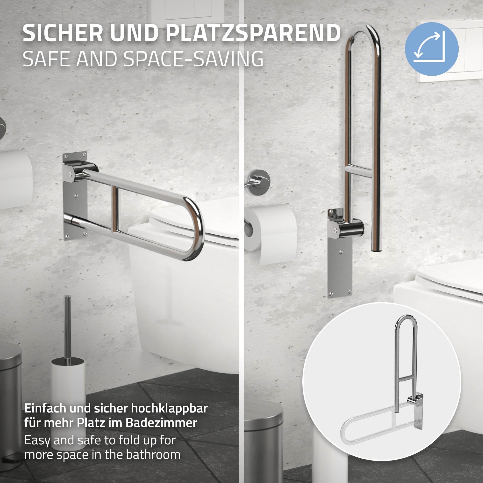 ML-Design Barra para WC, Apoyo para Inodoro Abatible para Personas Mayores y Movilidad Reducida, 60cm, Acero Inoxidable, Soporte Plegable de Levantamiento, Asidero de Seguridad para Baño, Carga 200kg