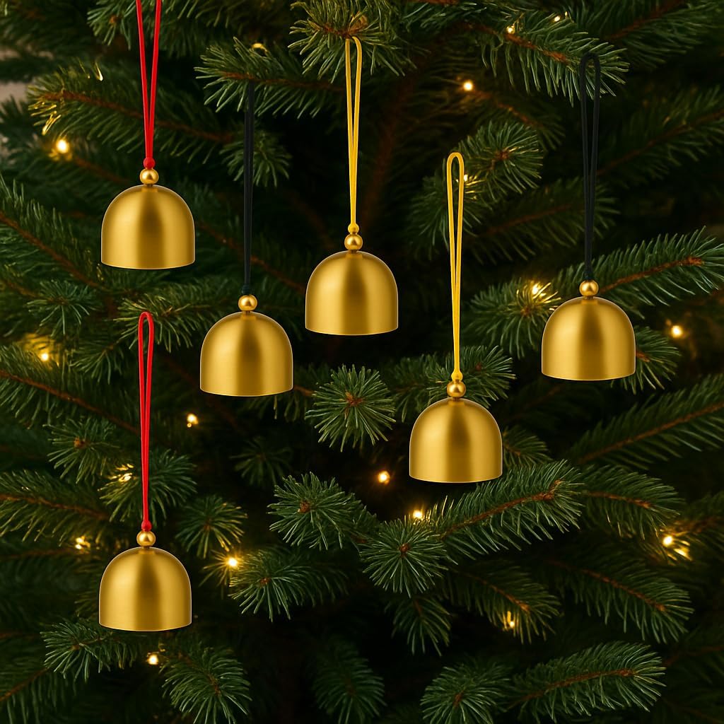 6 Pack Mini Brass Hanging Bells, 1.49 Inch Gold Jingle Bells with Red Black Yellow Cords, Christmas Tree Ornaments, Door & Window Wind Chimes, Pet Collar Bells