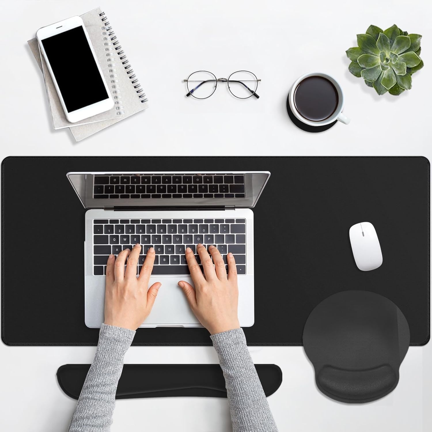 Britimes Black Keyboard Mouse Pad Set Black 4 in1 Large Mousepad+Keyboard Wrist Rest+Mouse Wrist Rest+Coaster Ergonomic Design for Home Office Computer 35.4x15.7Inches