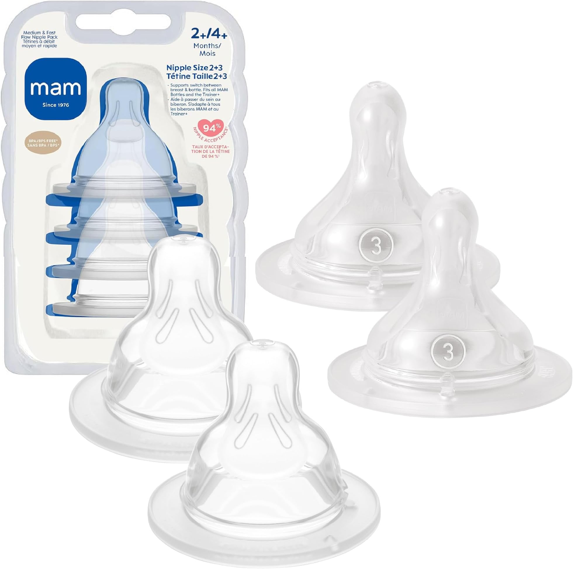 MAM Bottle Mixed Flow Pack - Medium Flow Level 2 and Fast Flow Level 3, for Newborns and Older, SkinSoft Silicone for Baby Bottles, Fits All MAM Bottles, 4 Pack